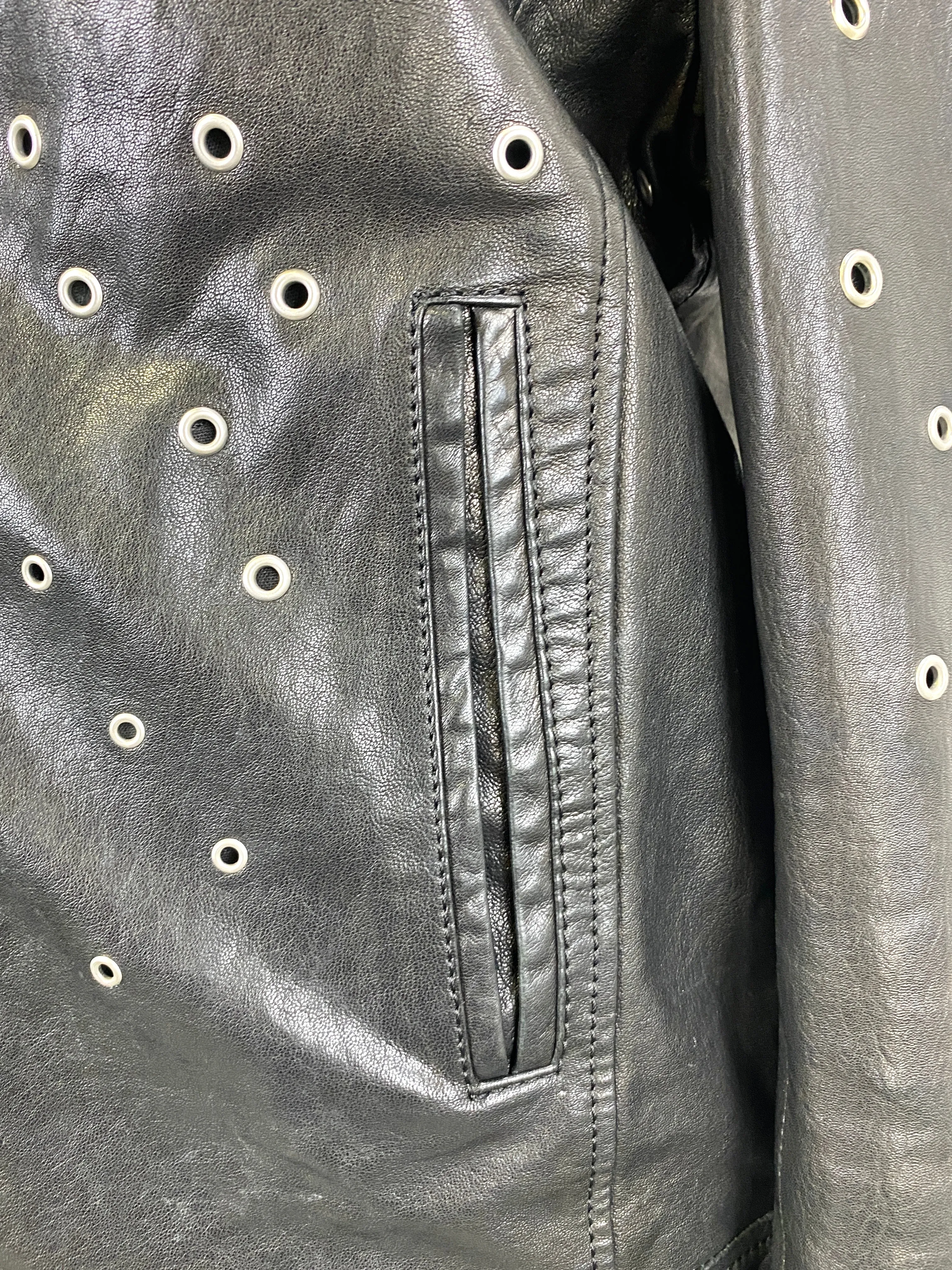 2000s Y2K Roberto Cavalli Designer Black Leather Studded Zip Jacket