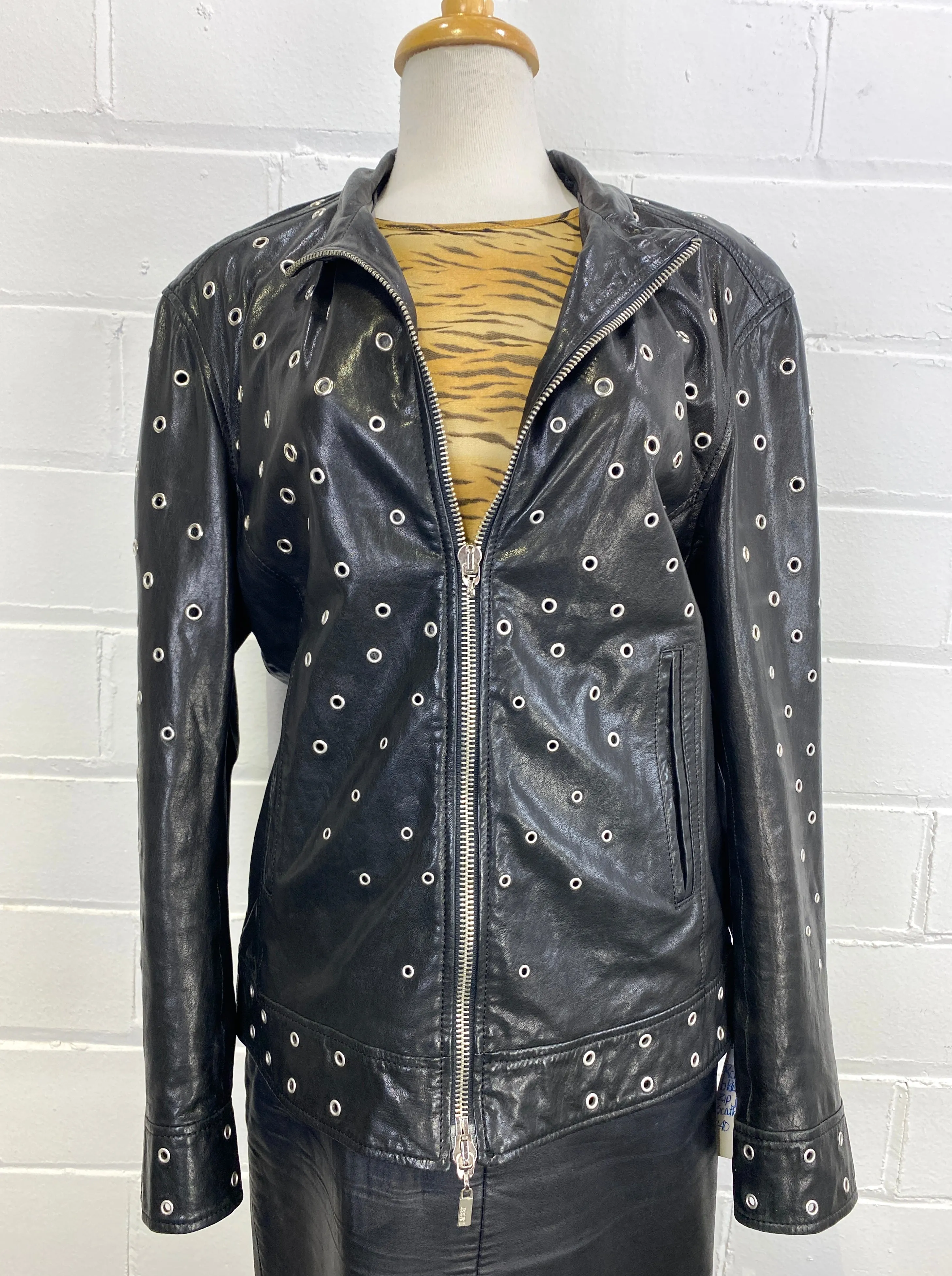 2000s Y2K Roberto Cavalli Designer Black Leather Studded Zip Jacket