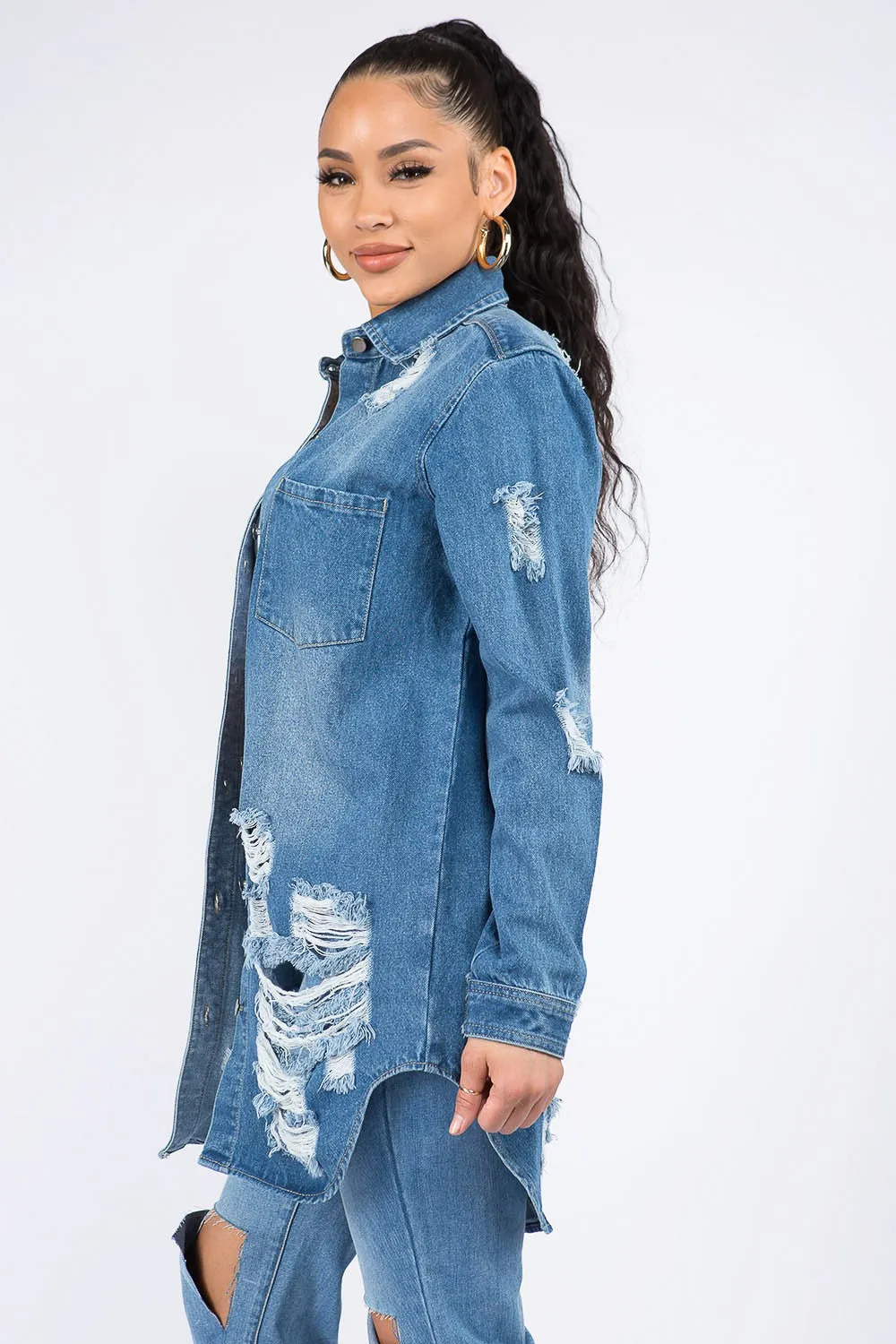 American Bazi Distressed Button Down Denim Shirt Jacket