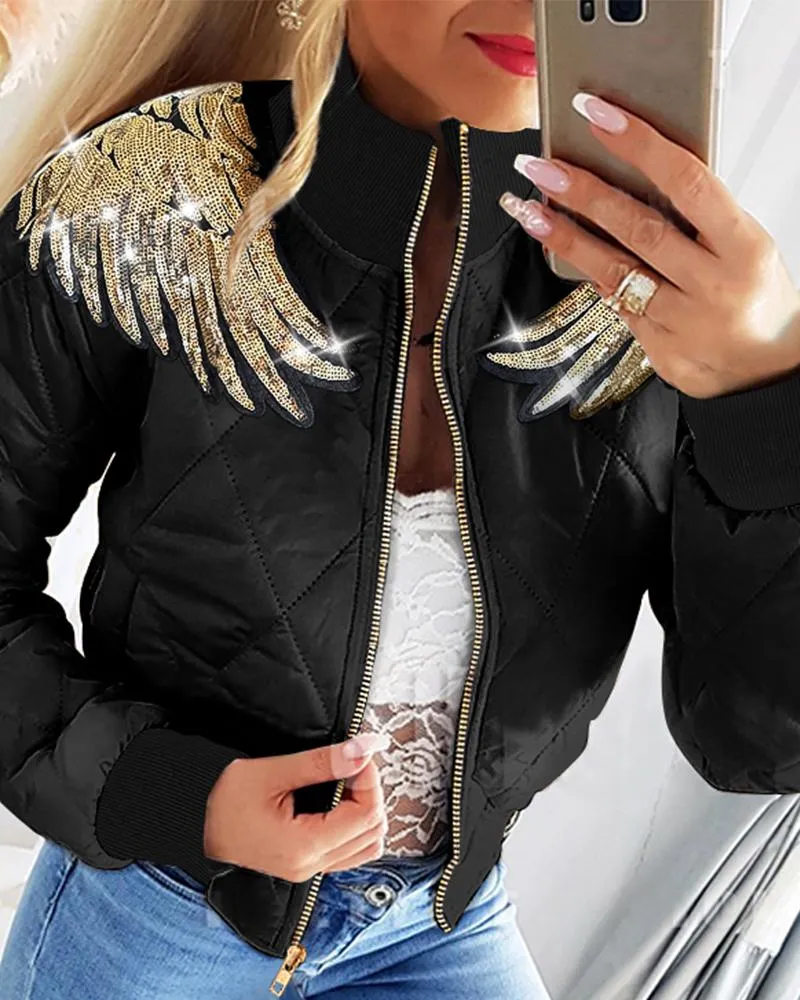 Angel Wings Pattern Contrast Sequin Puffer Coat