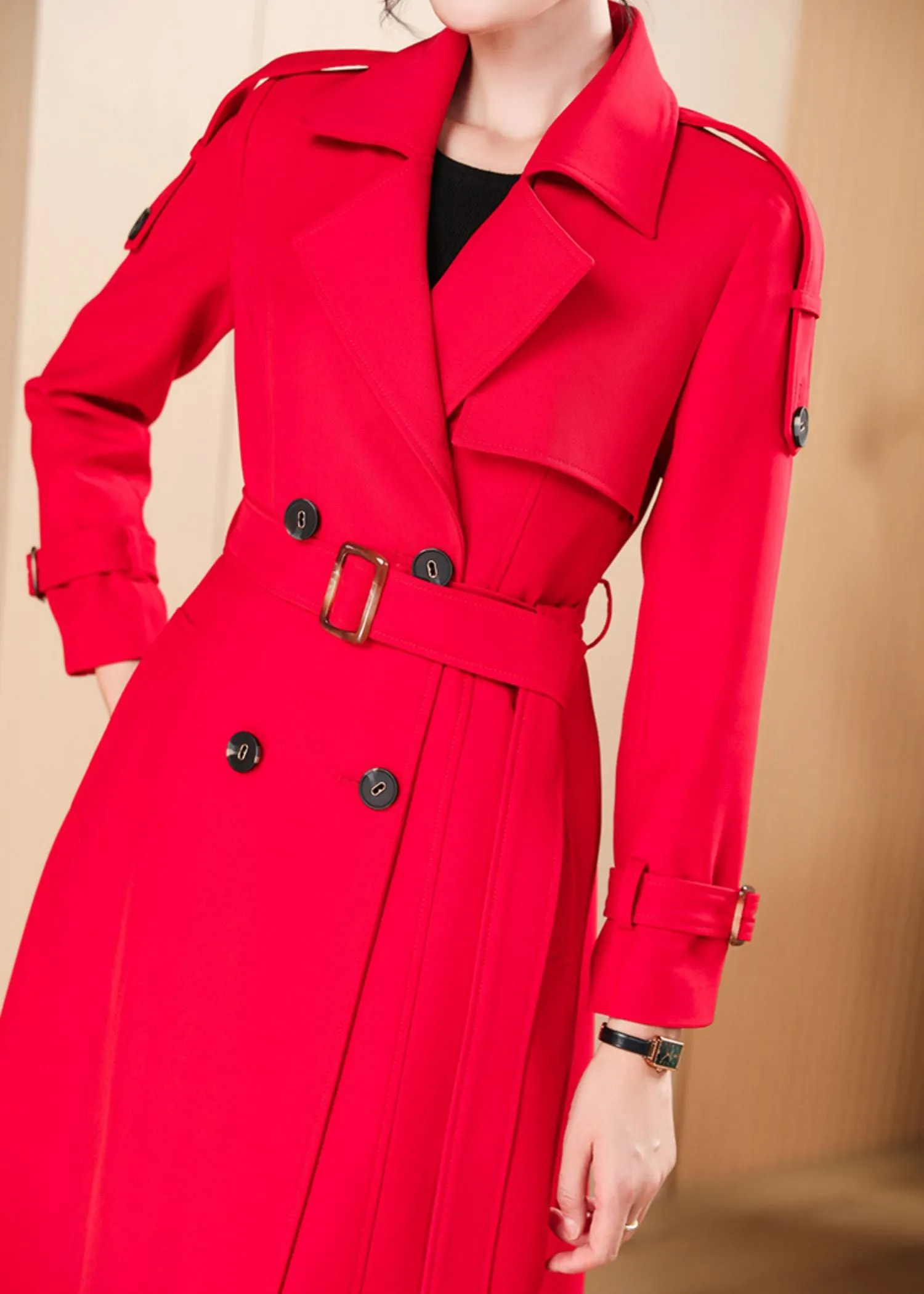 Audrey Epaulet Double Breasted Button Long Trench Coat