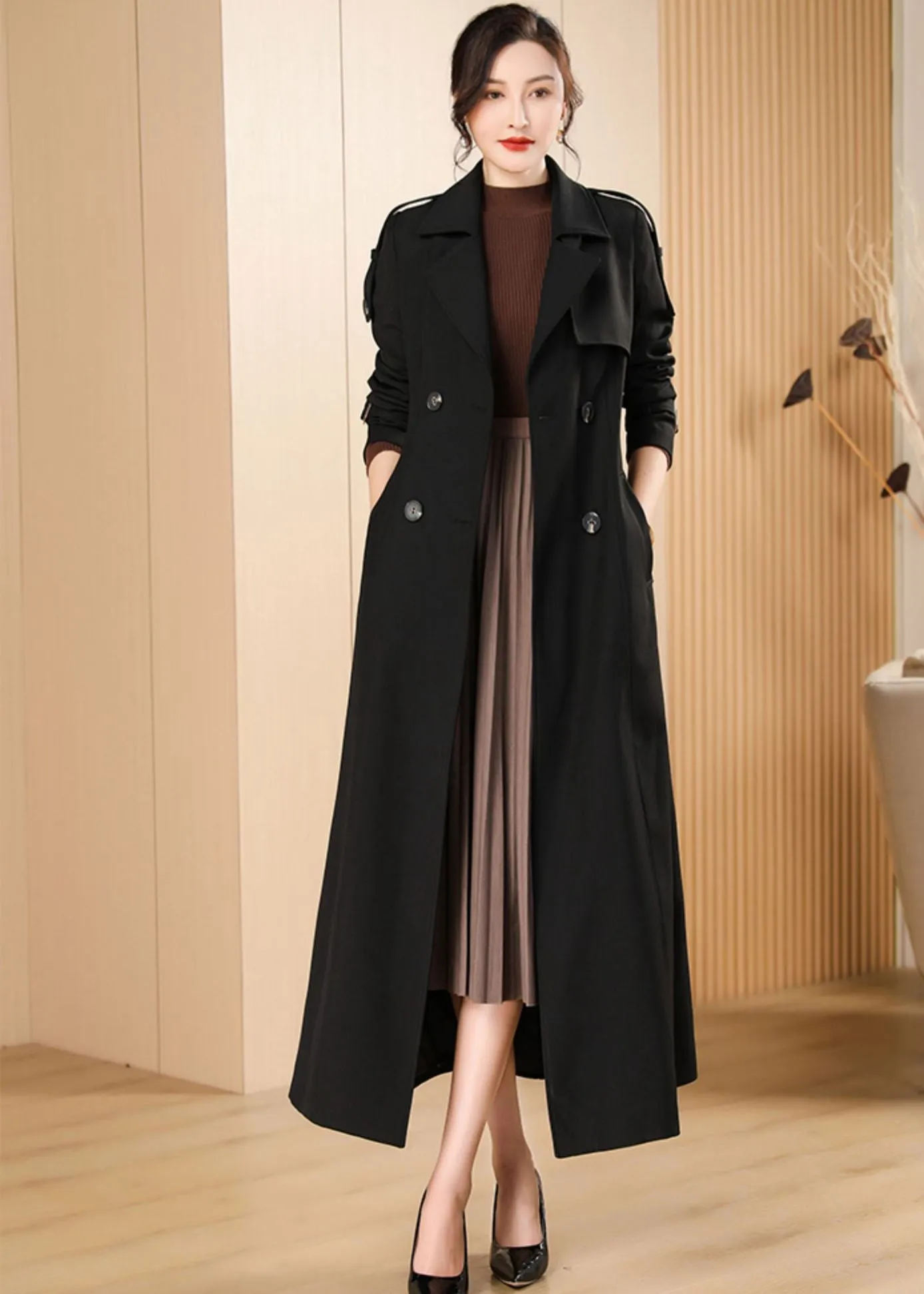 Audrey Epaulet Double Breasted Button Long Trench Coat