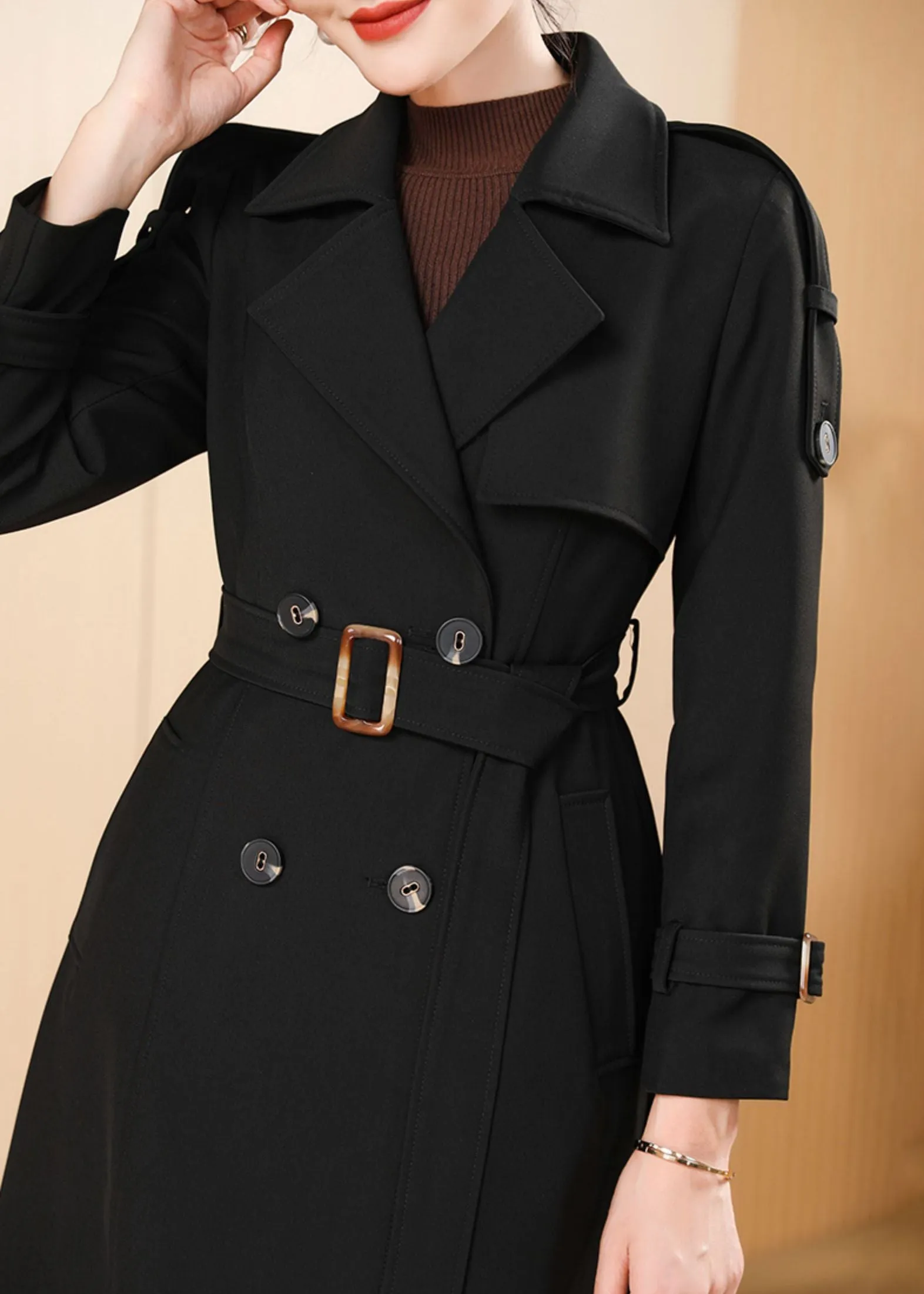 Audrey Epaulet Double Breasted Button Long Trench Coat