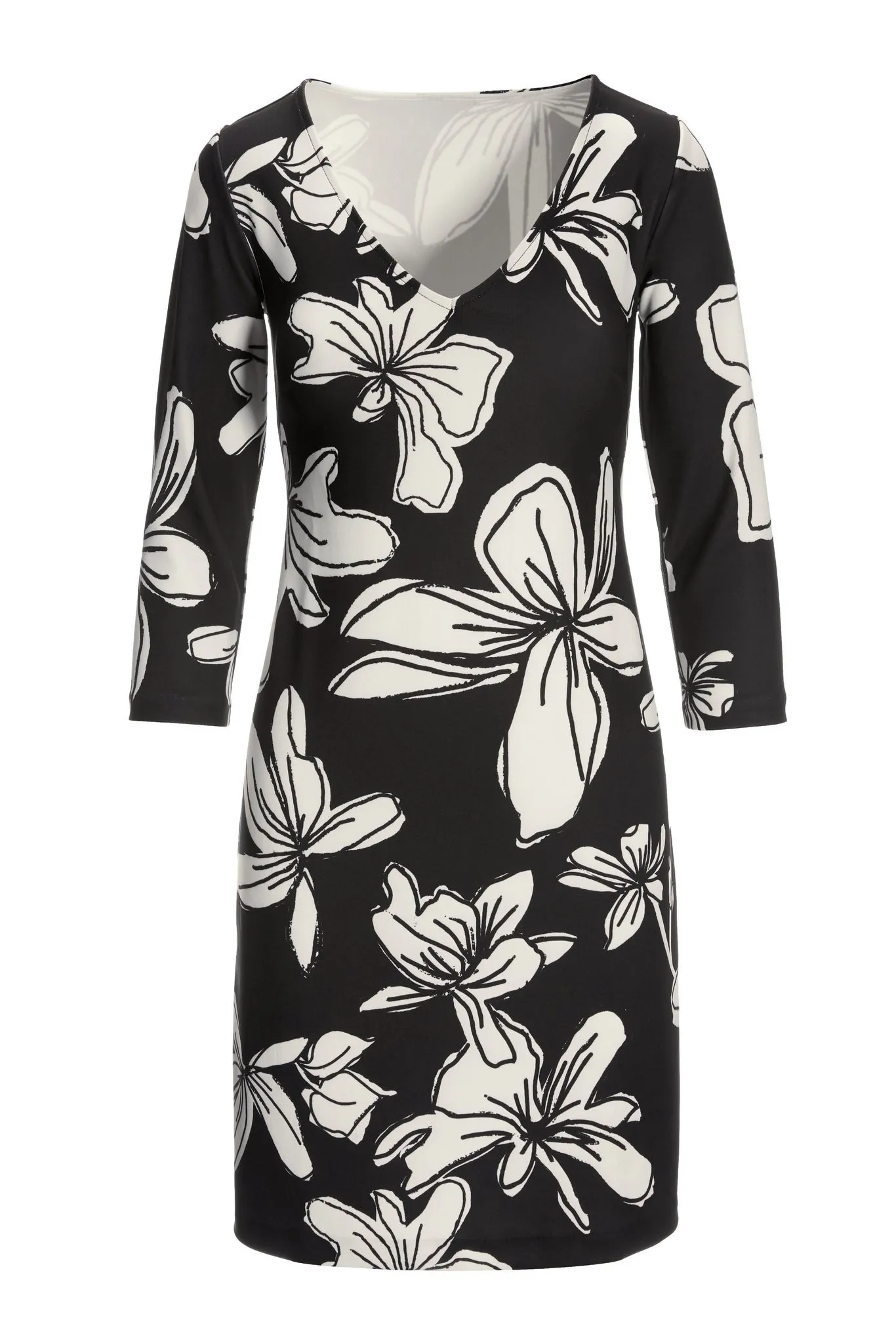 Beyond Travel Hibiscus Floral V Neck Dress Jet Black/Ivory Coast