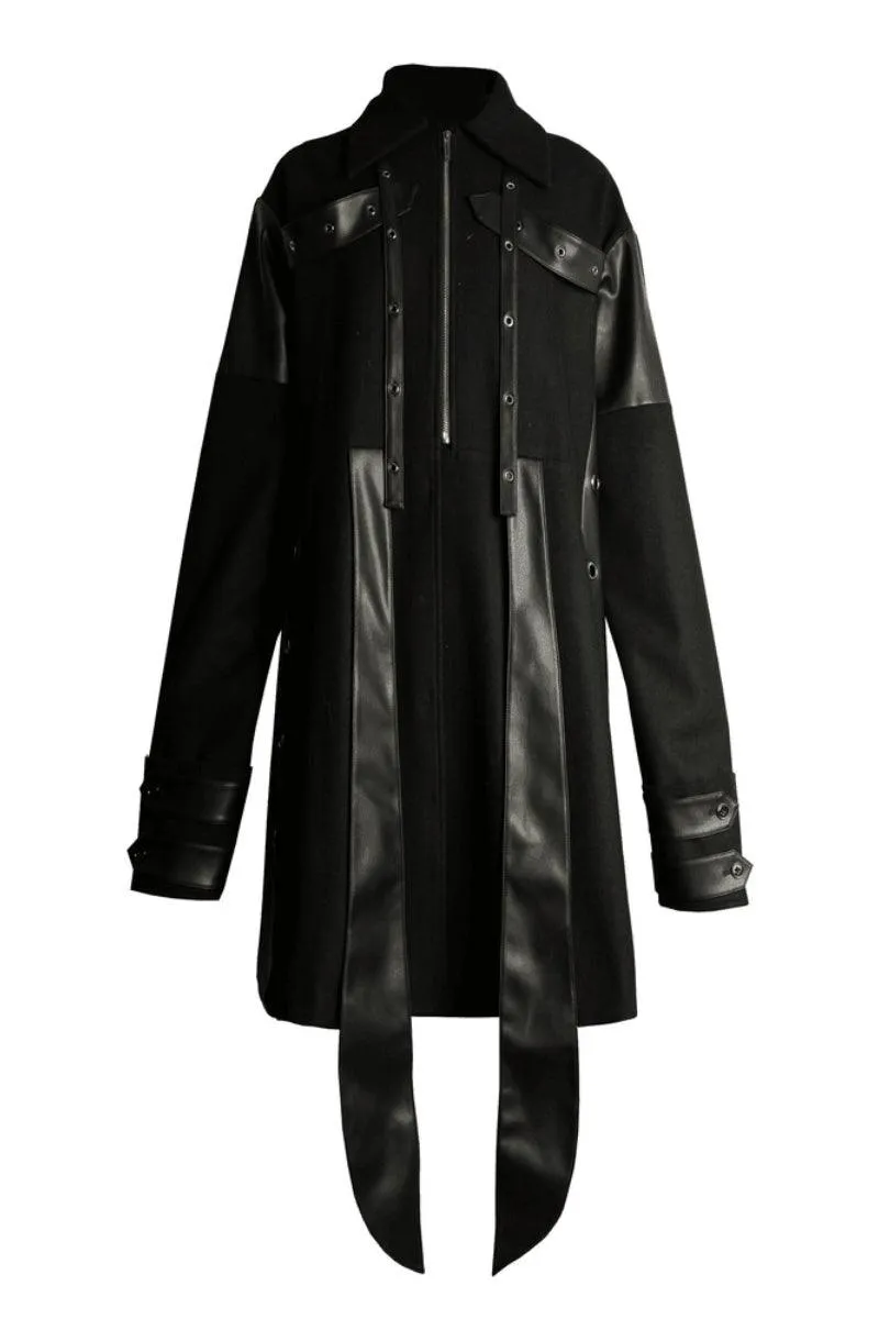 Black Leather Woolen Coat