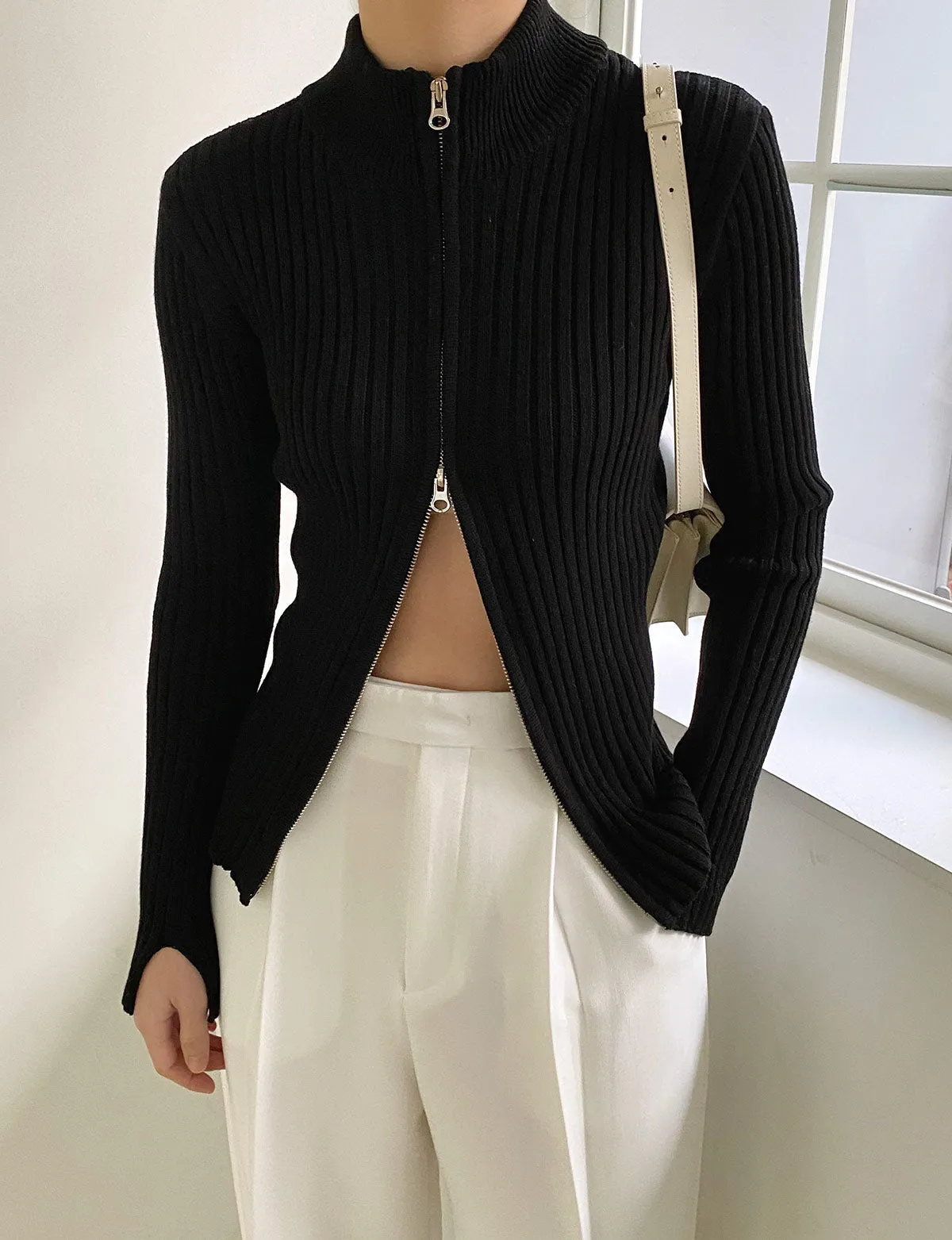 Black Ribbed Zipper Cardigan -BESTSELLER