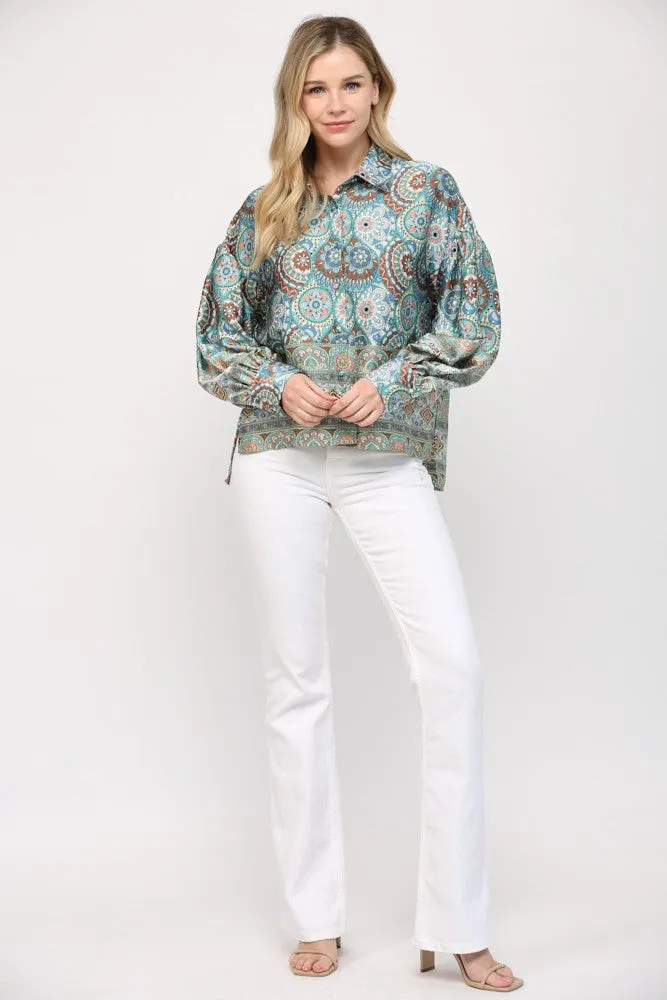 Border Print Button Down Blouson Sleeve Blouse