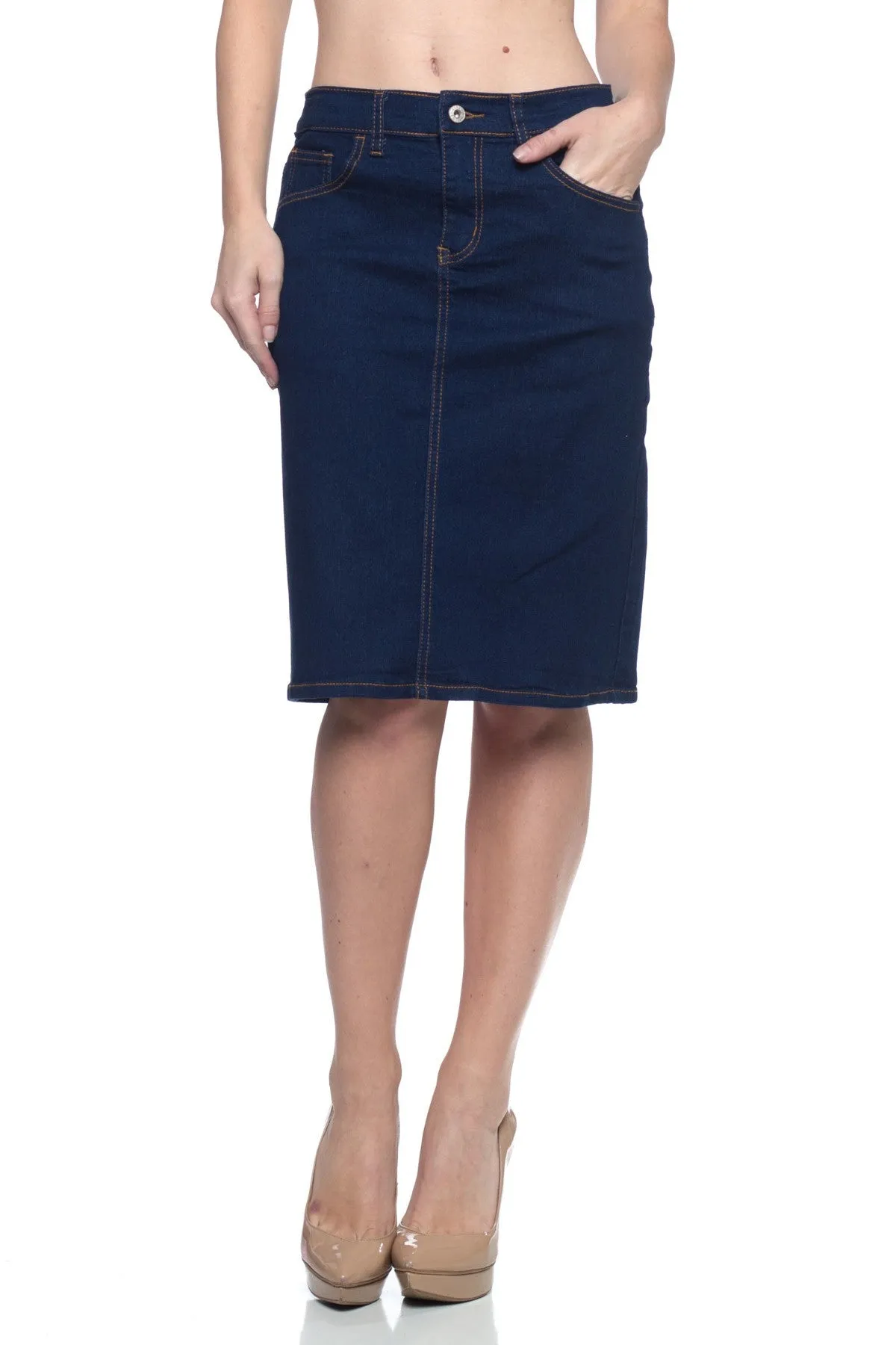 Button Knee Length Denim Skirt