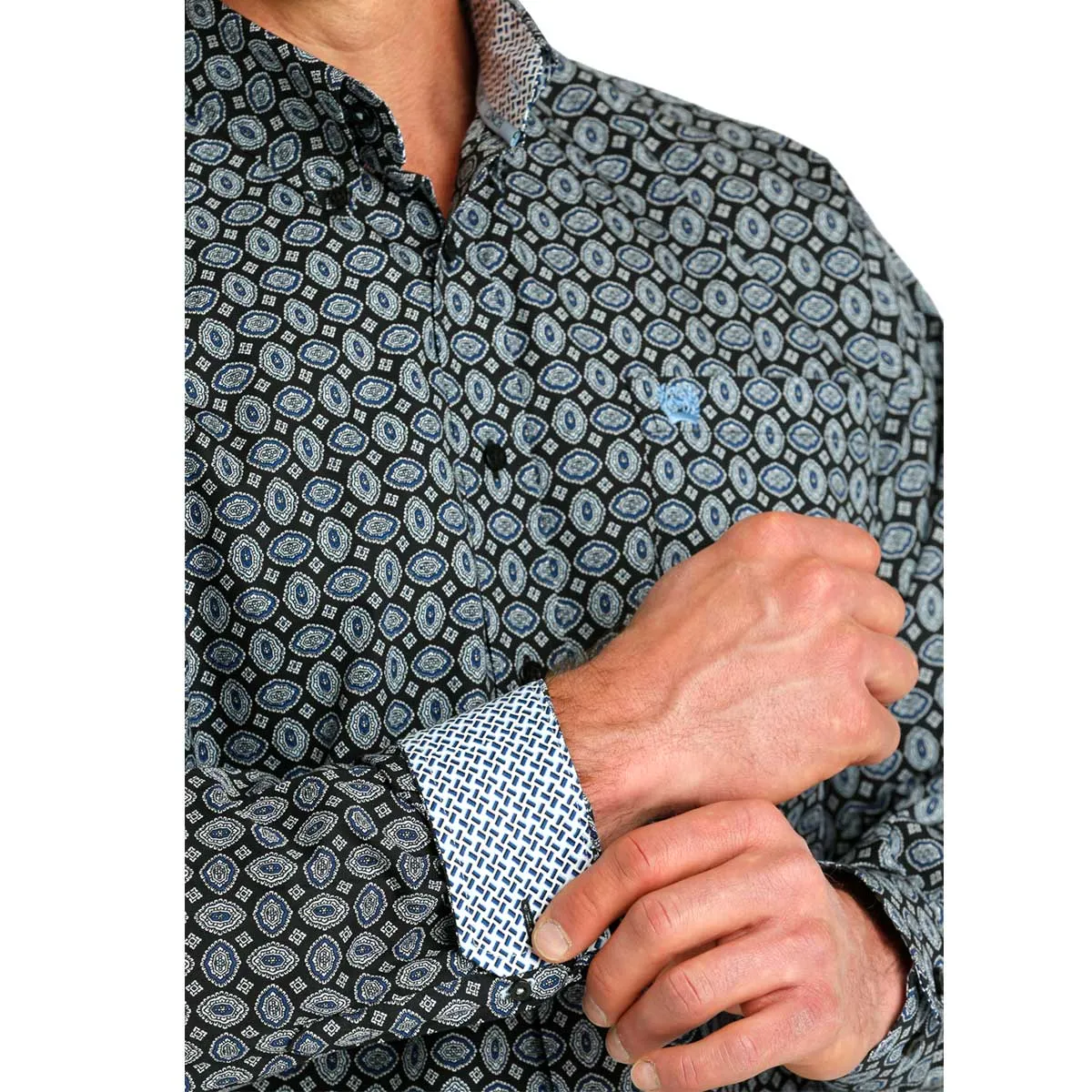 Cinch Men's Geometric Print Button Down Long Sleeve Shirt - Black