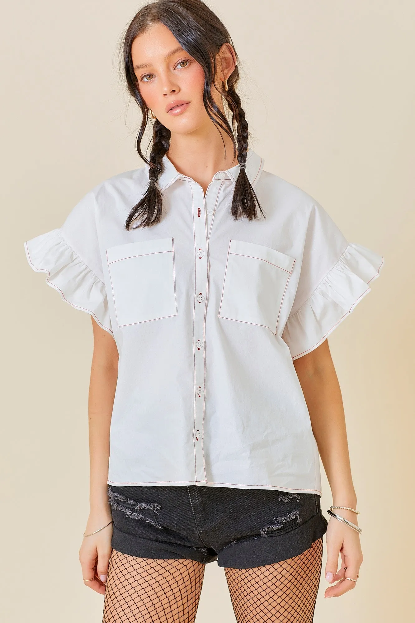 Collared Neck Short Ruffle Sleeve Button Down Top