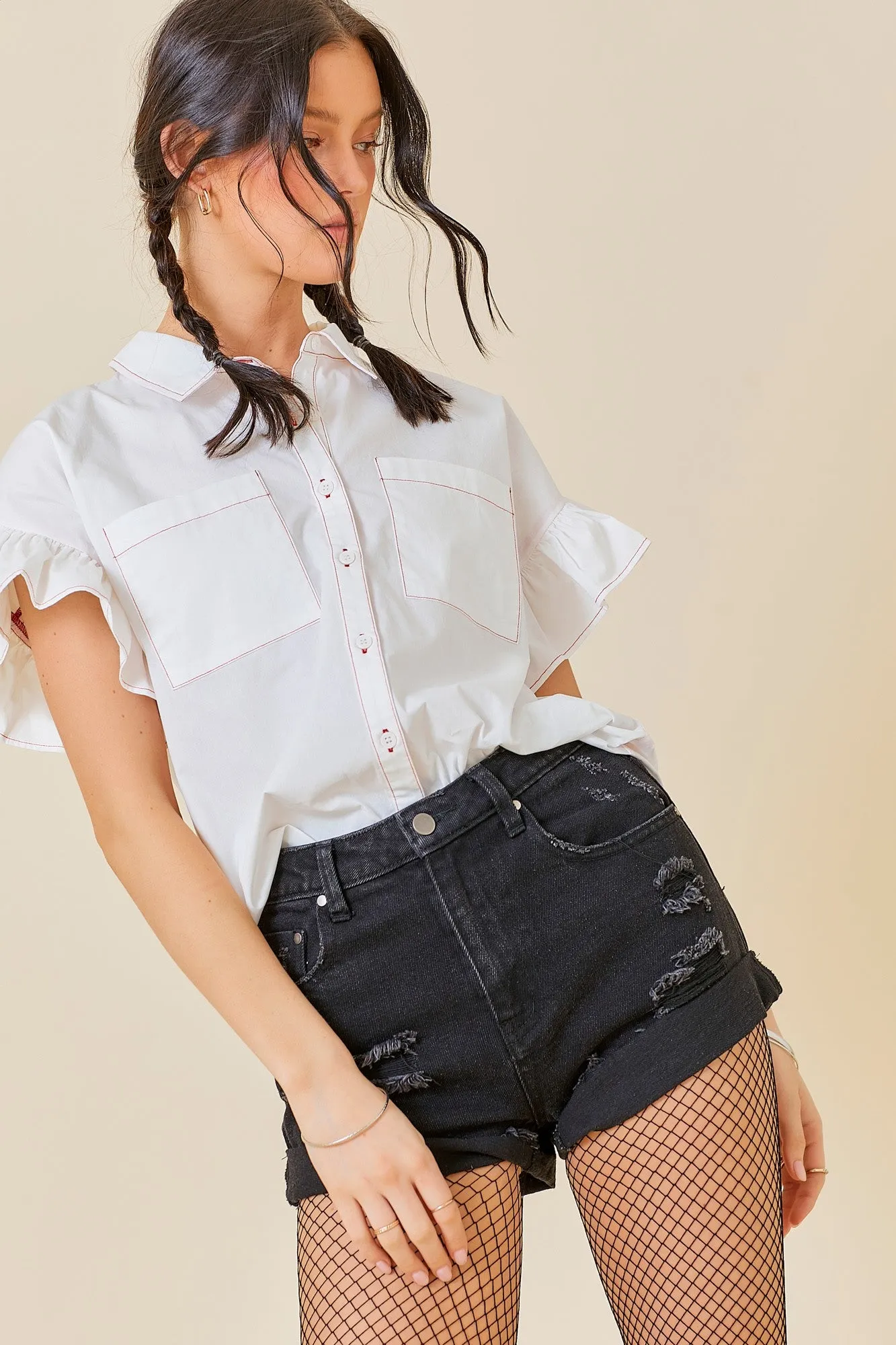 Collared Neck Short Ruffle Sleeve Button Down Top