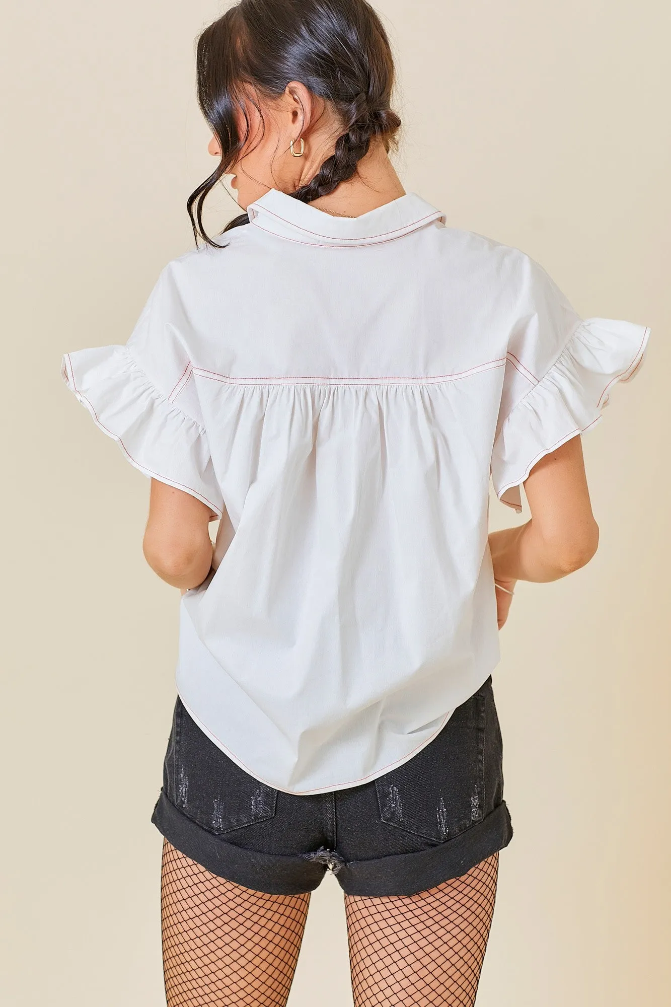 Collared Neck Short Ruffle Sleeve Button Down Top