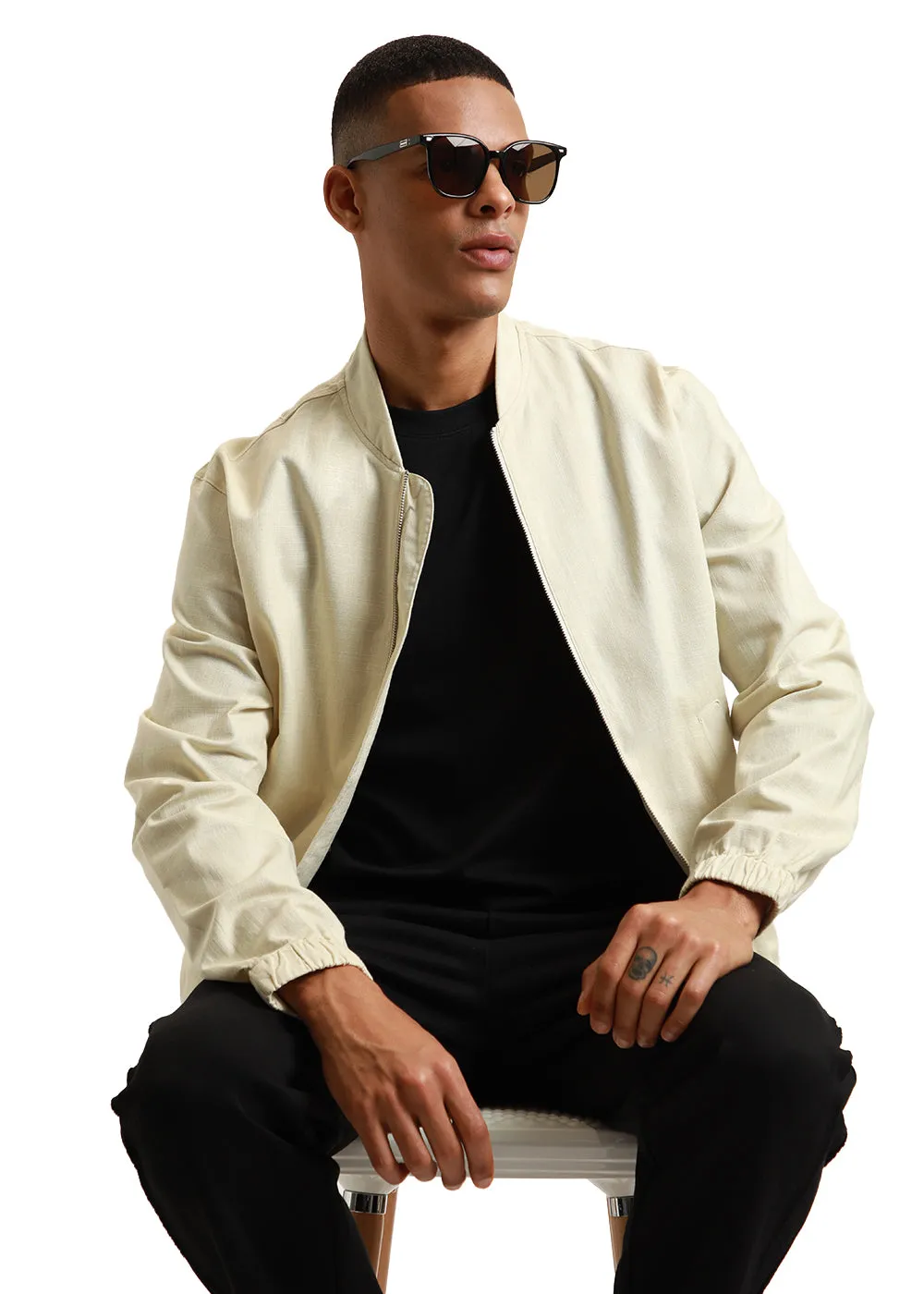 Cream Bomber Linen Jacket