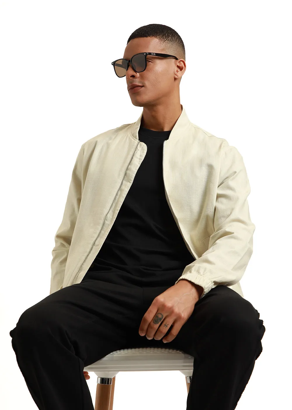 Cream Bomber Linen Jacket