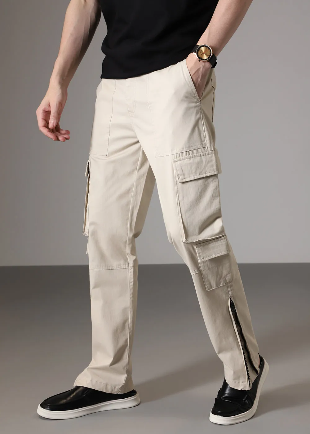 Cream Zipper Cargo Pant