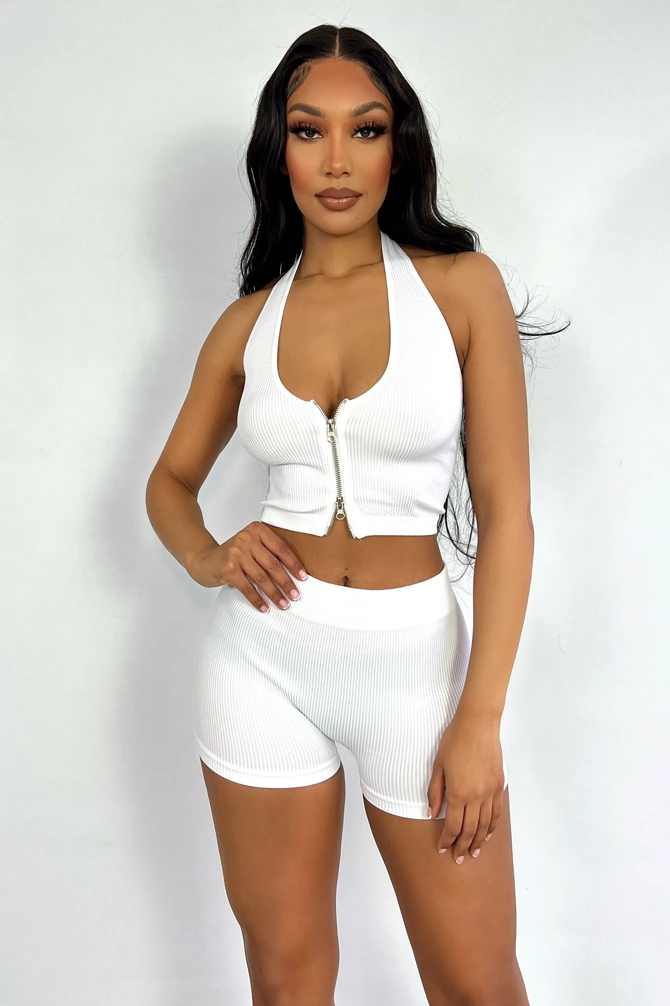 Crossing Paths Two Way Zipper Halter Ribbed Crop Top