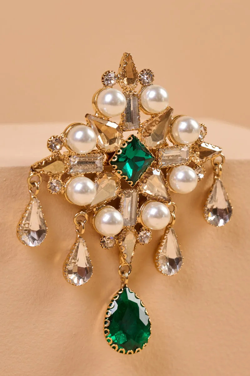 Crystal Brooch With Pearls & Beads