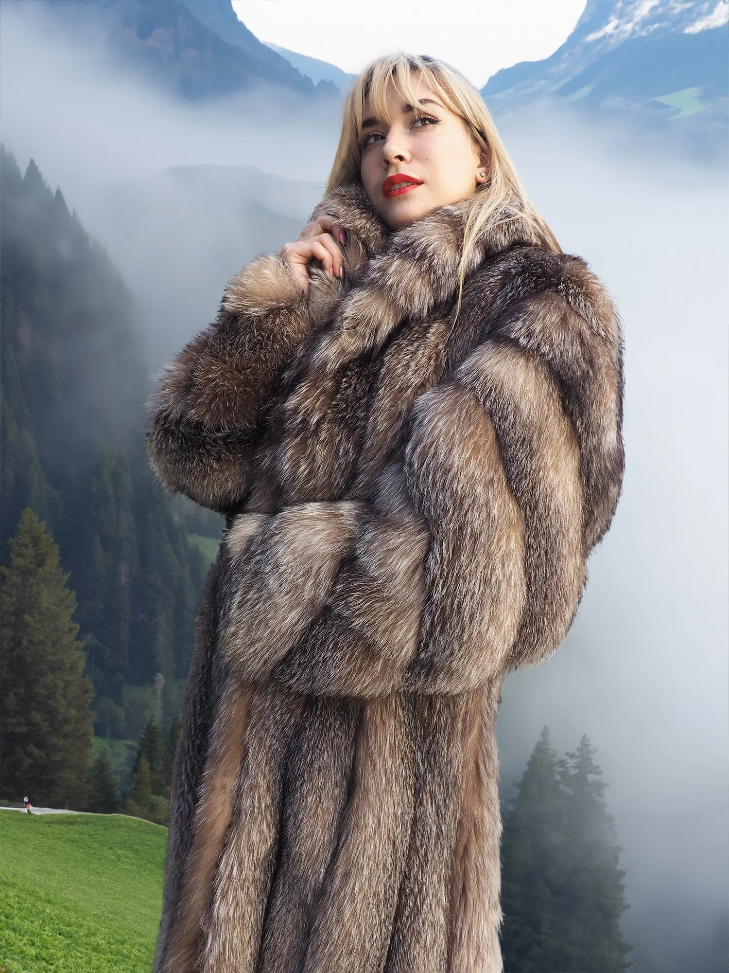 Crystal Fox Fur Coat Shawl collar 50" Long M