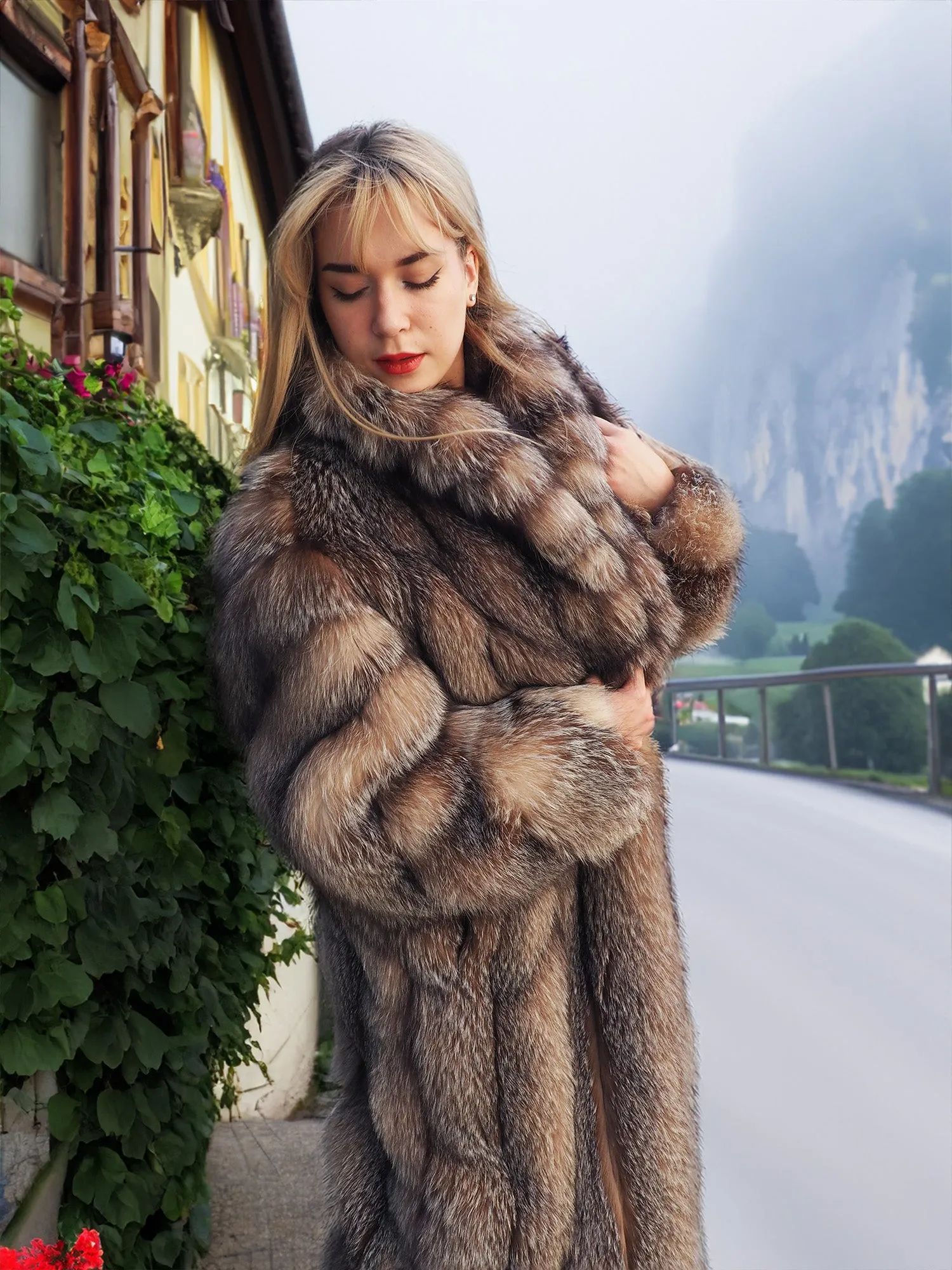 Crystal Fox Fur Coat Shawl collar 50" Long M