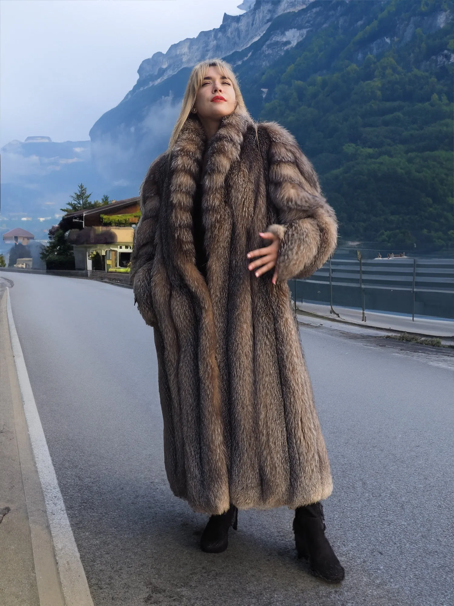 Crystal Fox Fur Coat Shawl collar 50" Long M