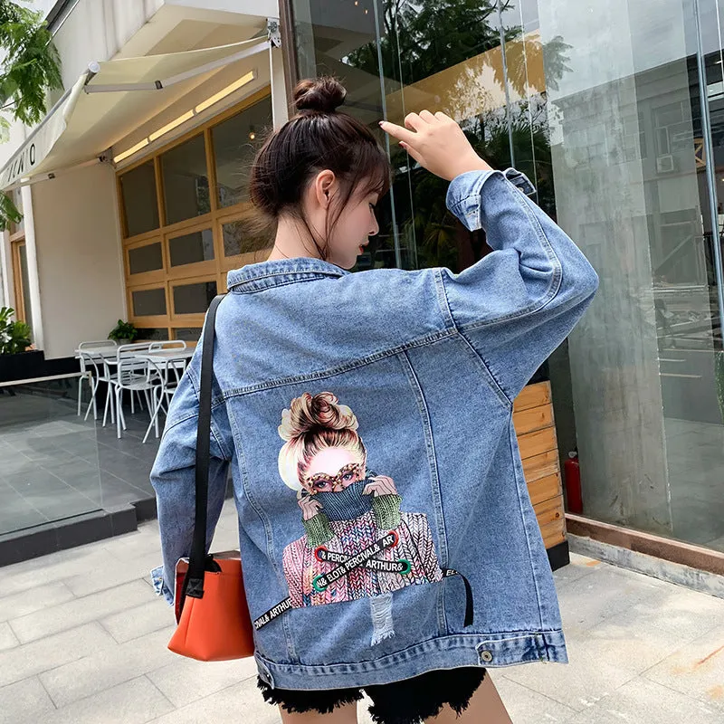 Denim Jacket With Woman Print On Back