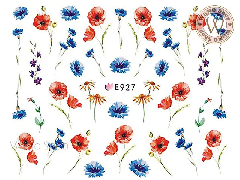 E927 Blue Red Watercolor Flower Adhesive Nail Art Sticker - 1 pc