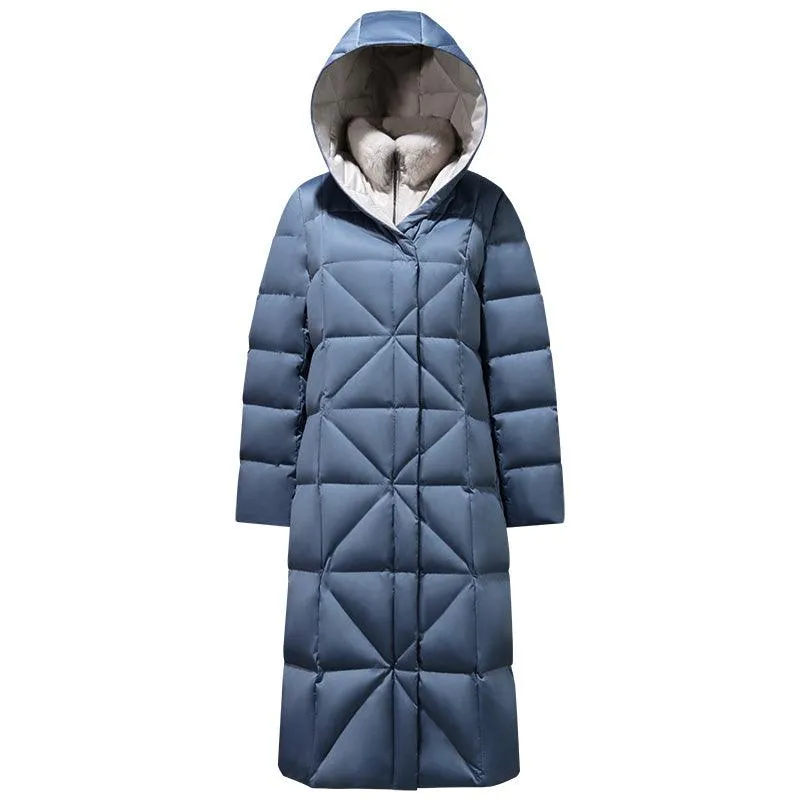 Fake Two Piece Goose Down Coat With Rabbit Fur Collar