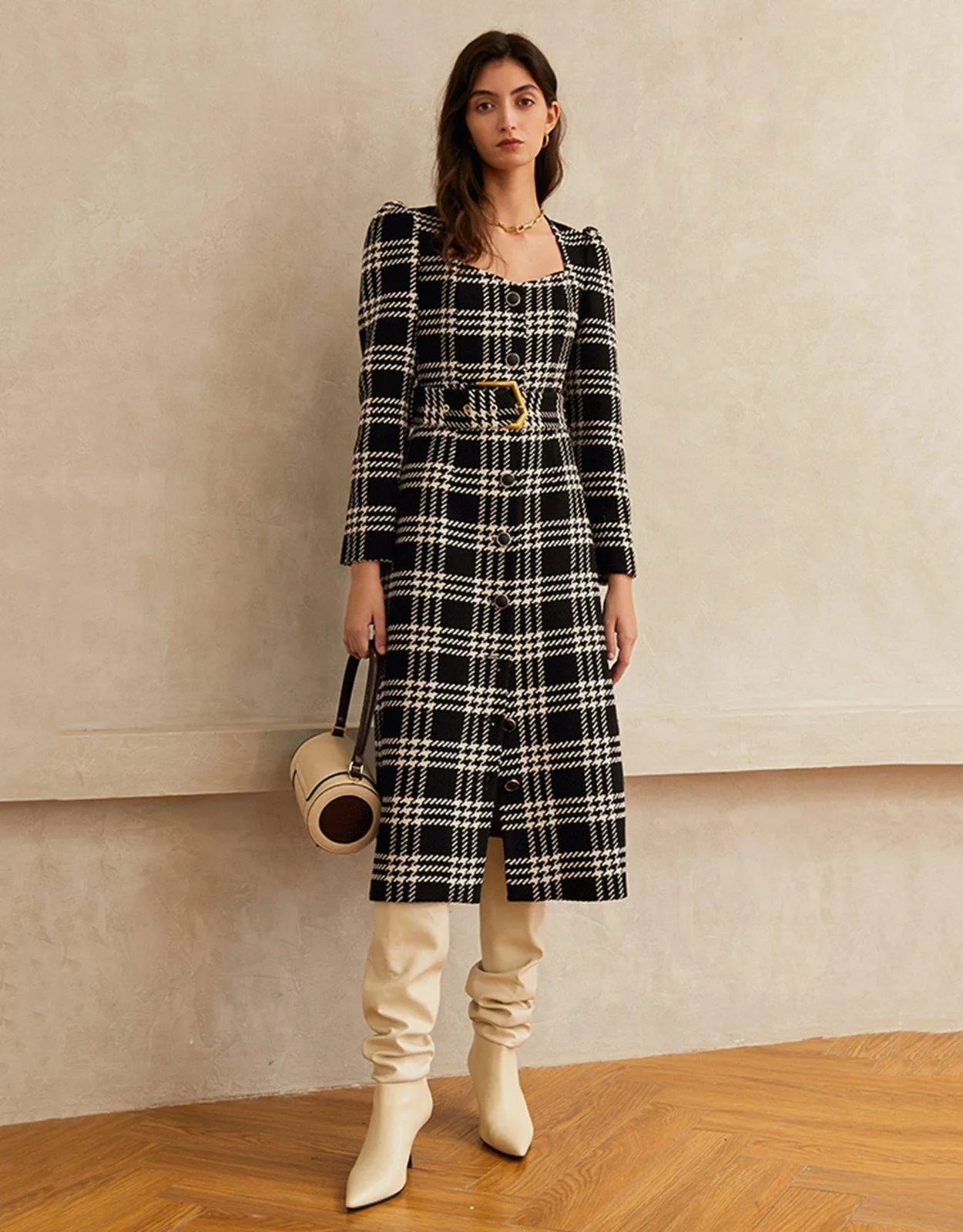 Fannie Plaid Square Neck Belted Button Wool Blend Dress Coat