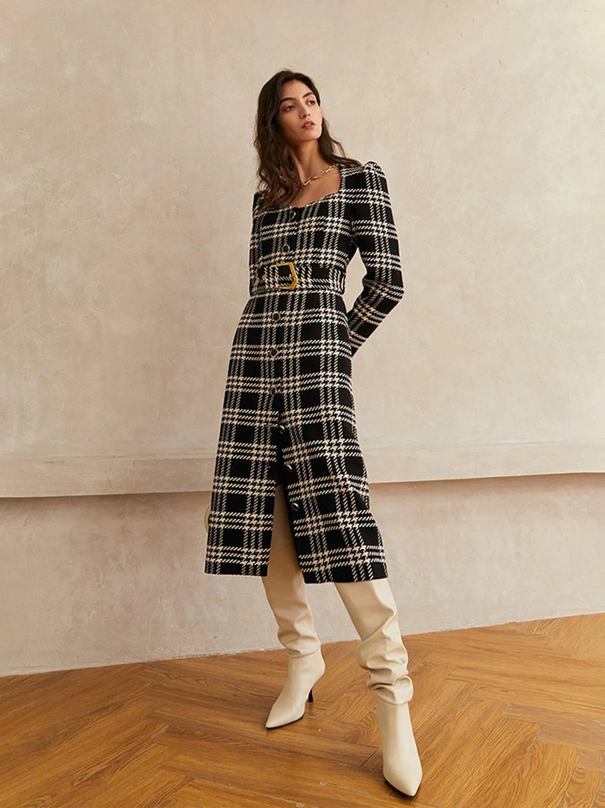 Fannie Plaid Square Neck Belted Button Wool Blend Dress Coat