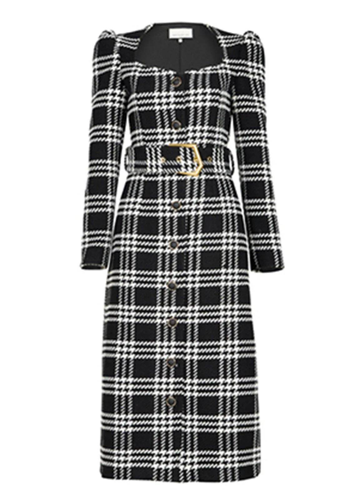 Fannie Plaid Square Neck Belted Button Wool Blend Dress Coat