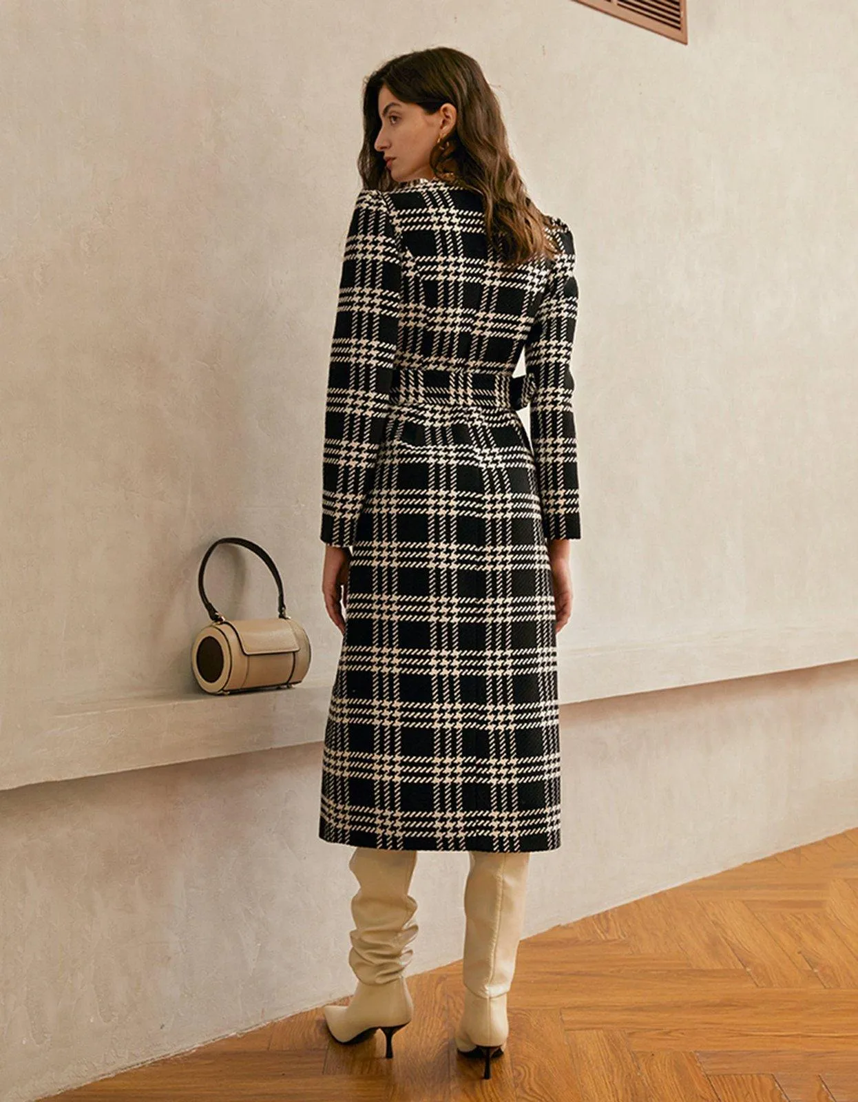 Fannie Plaid Square Neck Belted Button Wool Blend Dress Coat