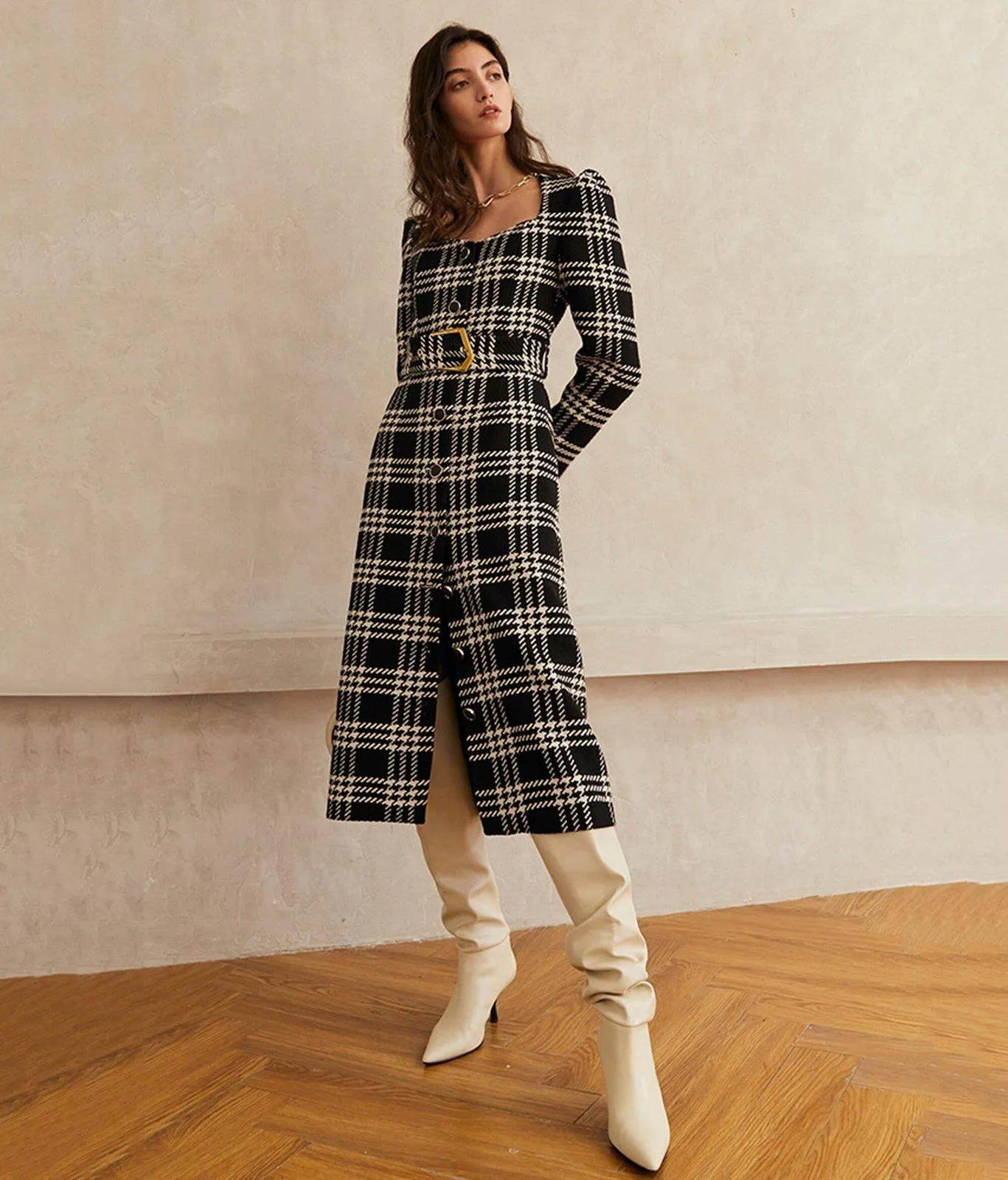 Fannie Plaid Square Neck Belted Button Wool Blend Dress Coat