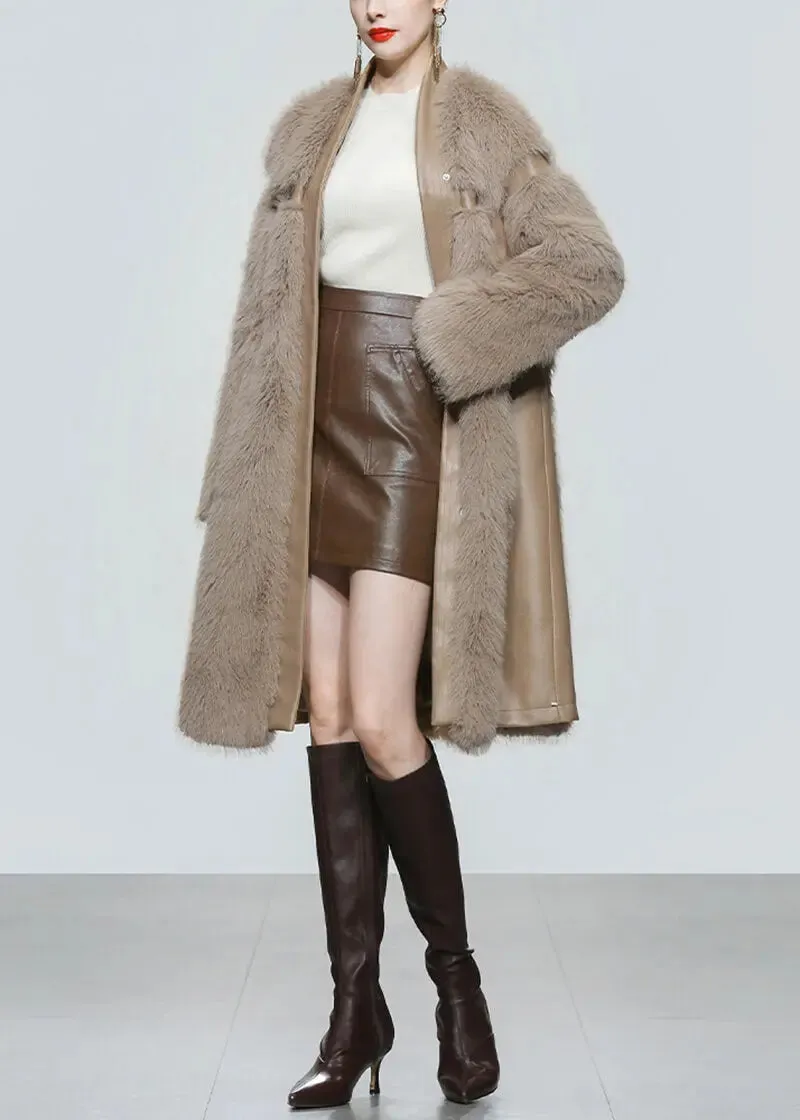 Faux Leather Long Fur Fleece Coat Dress