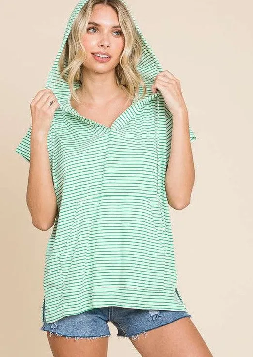 FINAL SALE - Candy Green Beach Vibes Only Striped Summer Hoodie