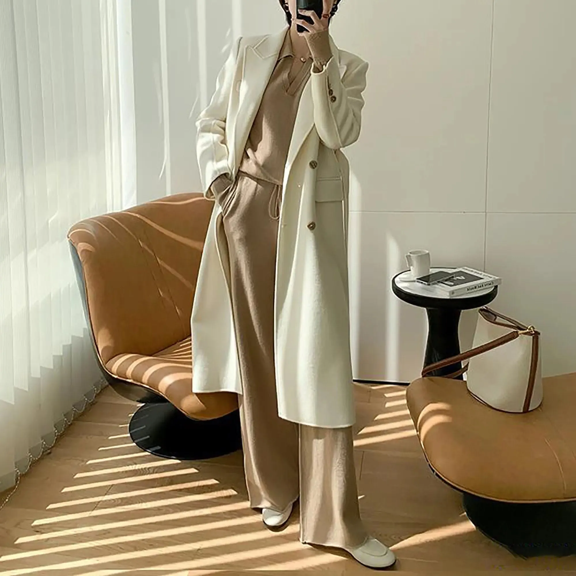 Gina Off White Wool Blend Double Breasted Belted Coat