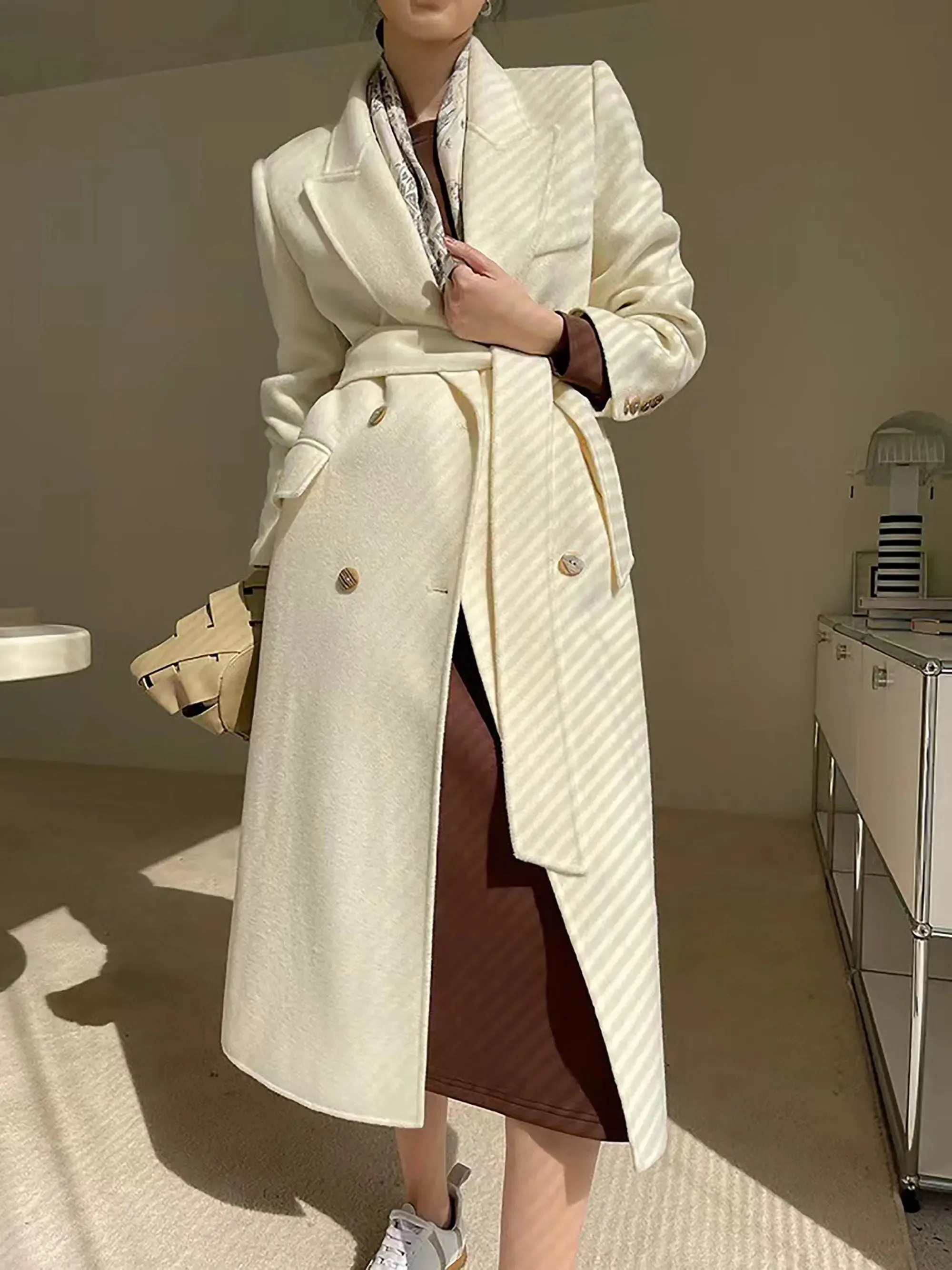 Gina Off White Wool Blend Double Breasted Belted Coat