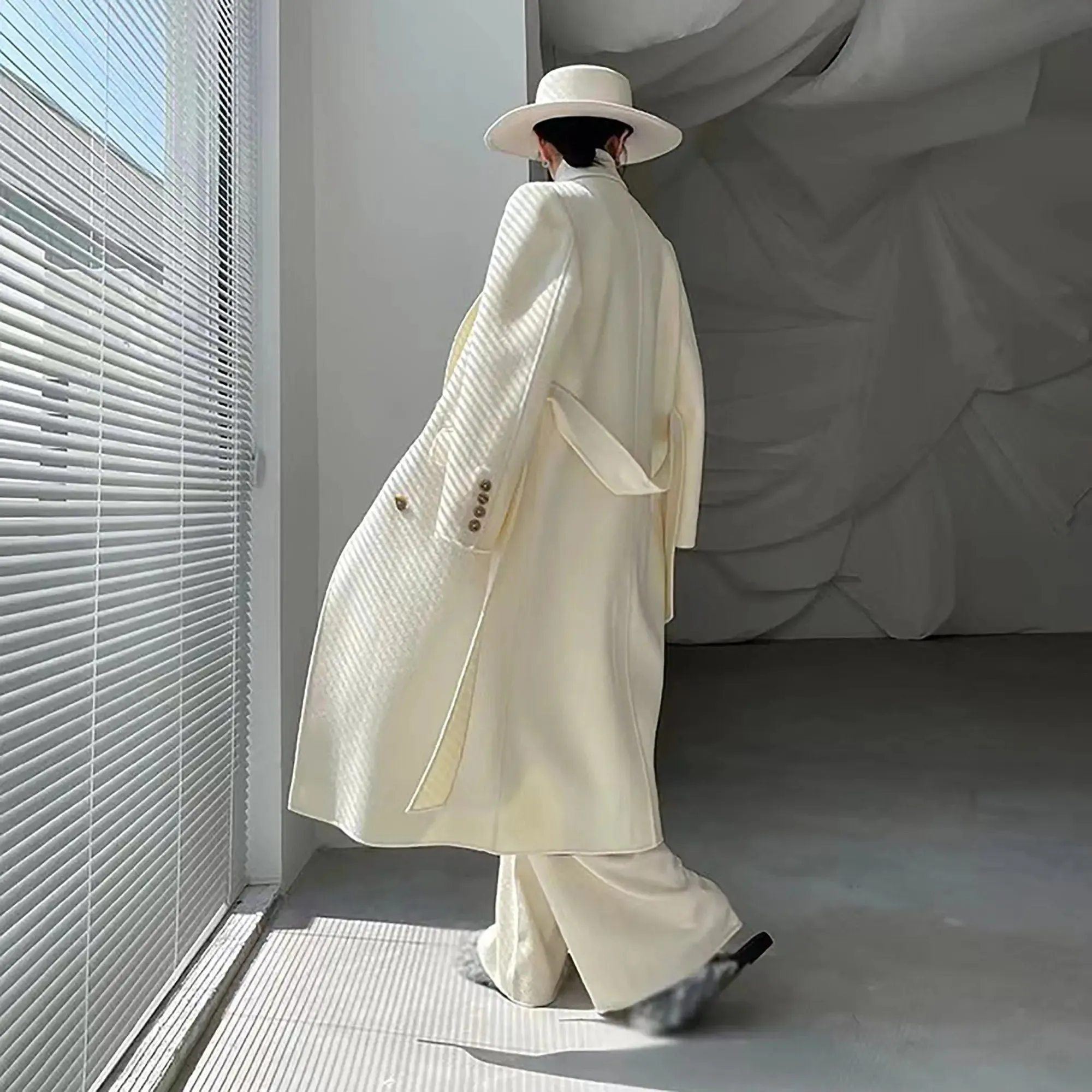 Gina Off White Wool Blend Double Breasted Belted Coat