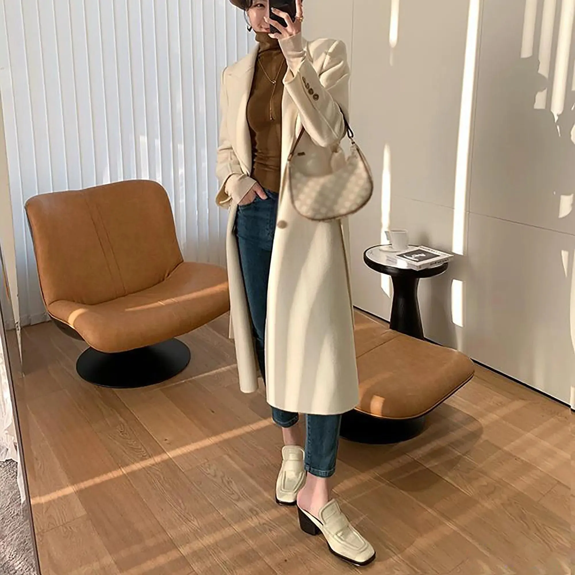 Gina Off White Wool Blend Double Breasted Belted Coat