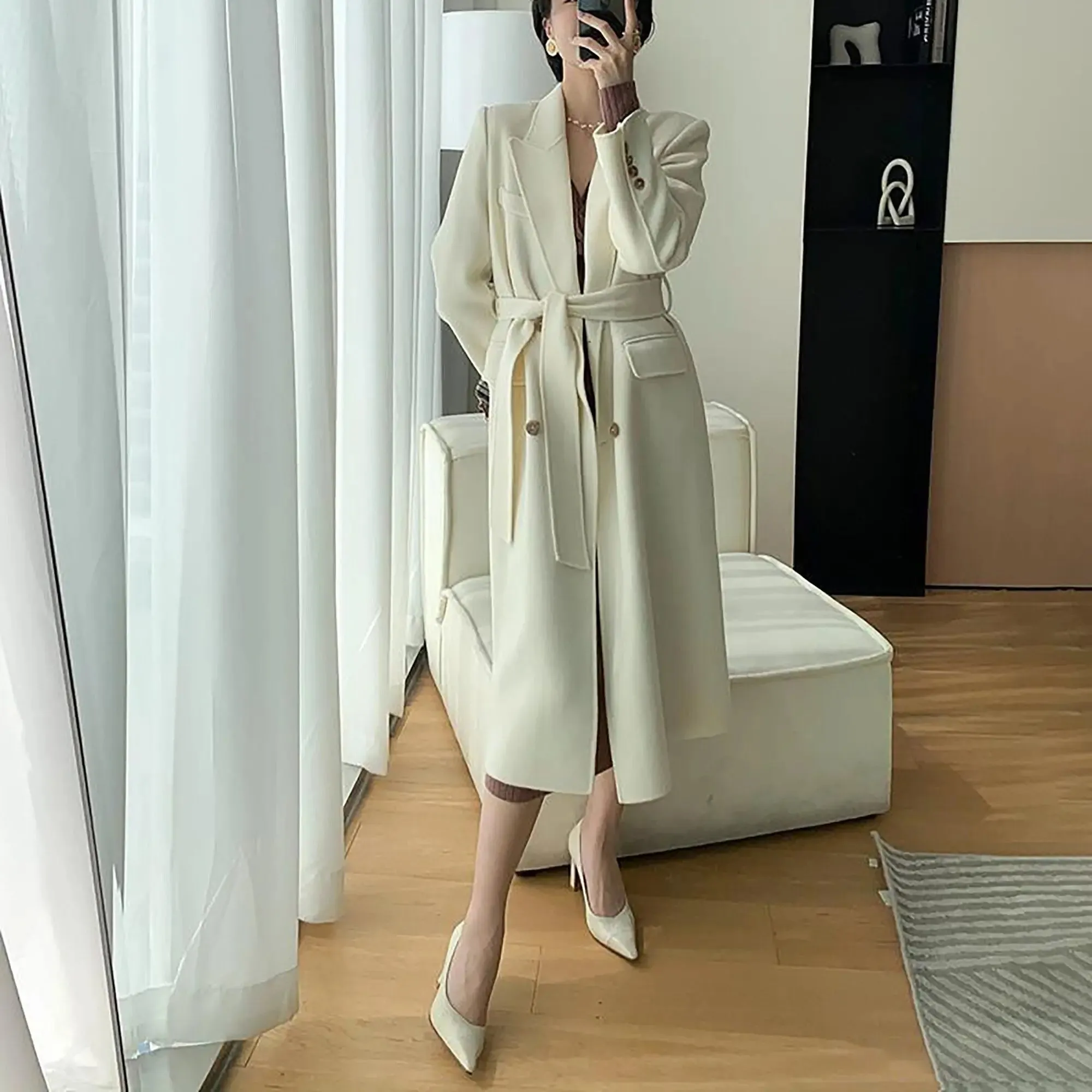 Gina Off White Wool Blend Double Breasted Belted Coat