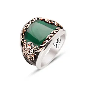 Green Agate Stone with Wavy Pattern Half Moon Shaped Silver Men’s Ring Siding Ottoman Coat of Arms