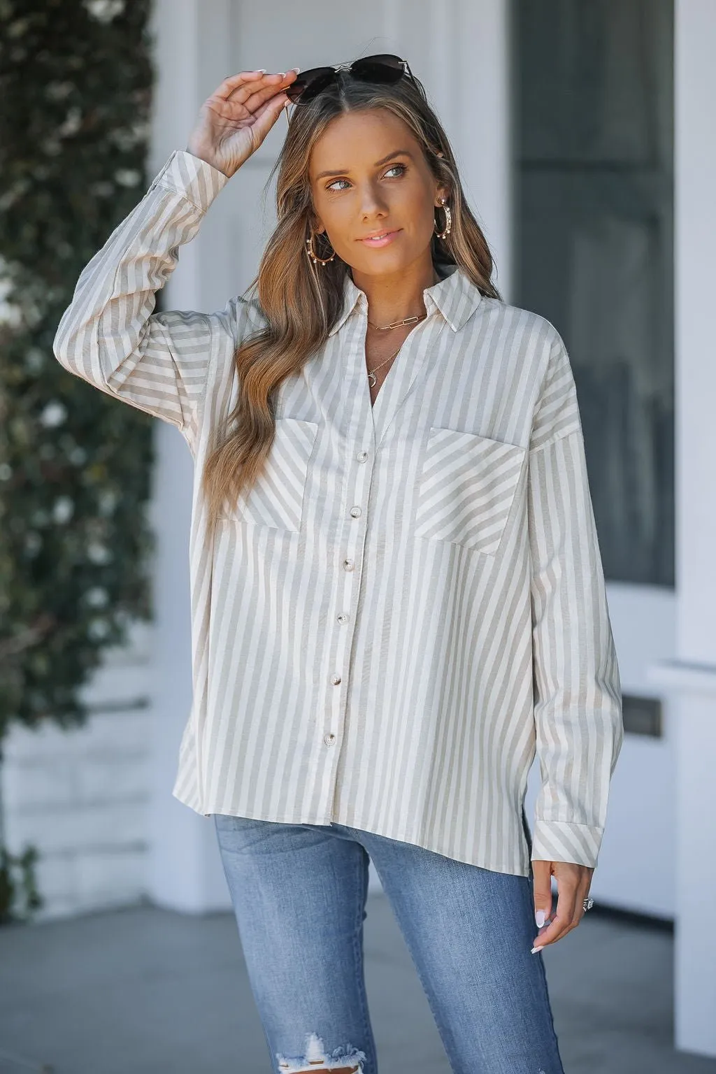 Grey and White Striped Button Down Shirt