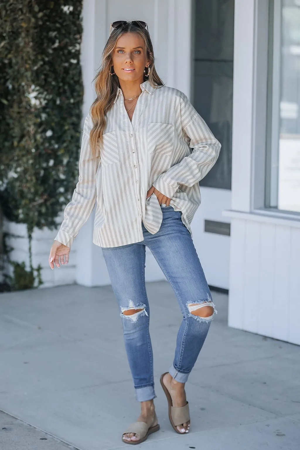 Grey and White Striped Button Down Shirt