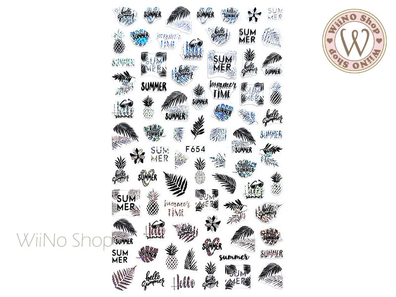 Hello Summer Black Silver Holographic Adhesive Nail Art Sticker - 1 pc (F654-BSH)