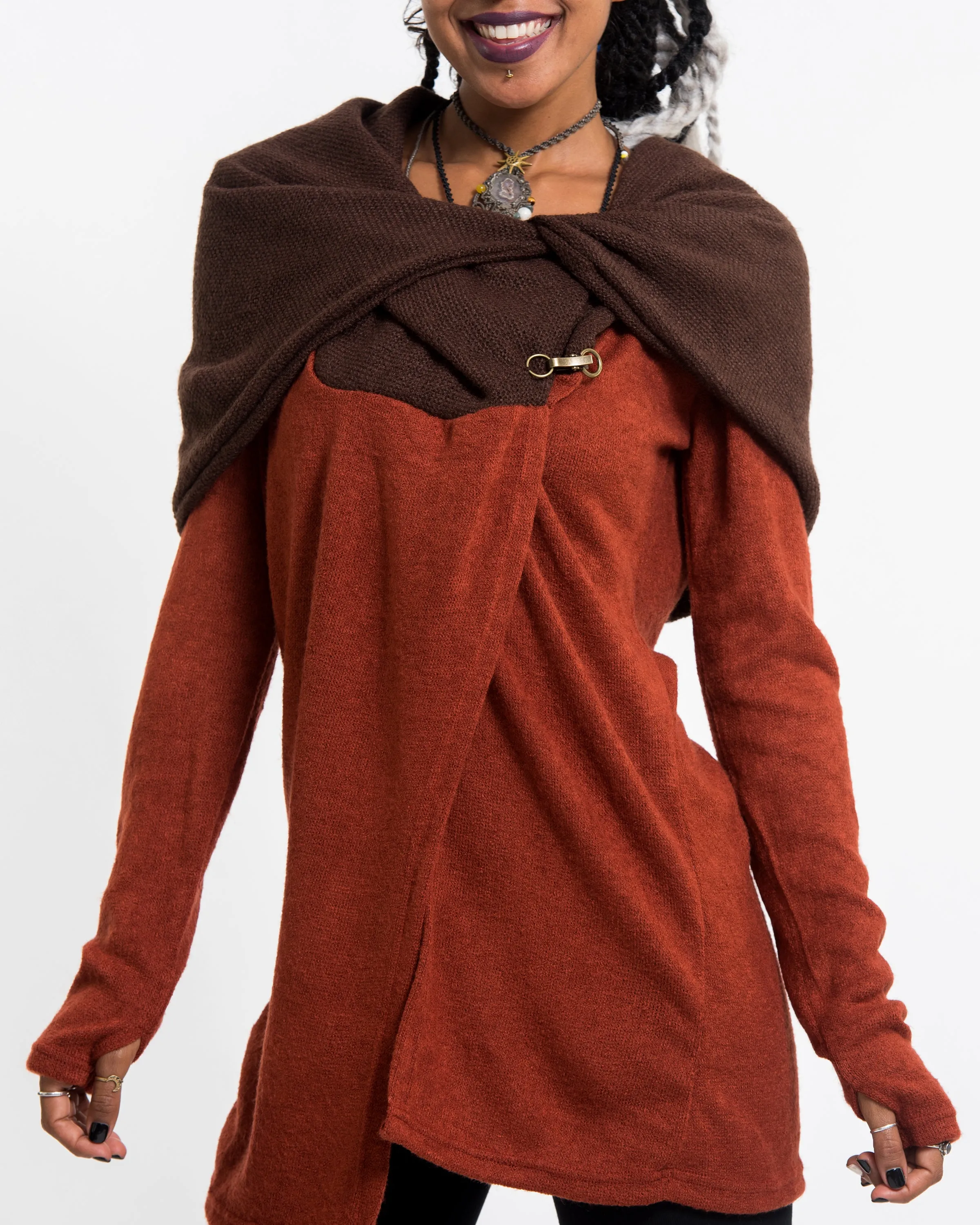 Hoodie Shawl Jacket with Metal Clasp in Brick