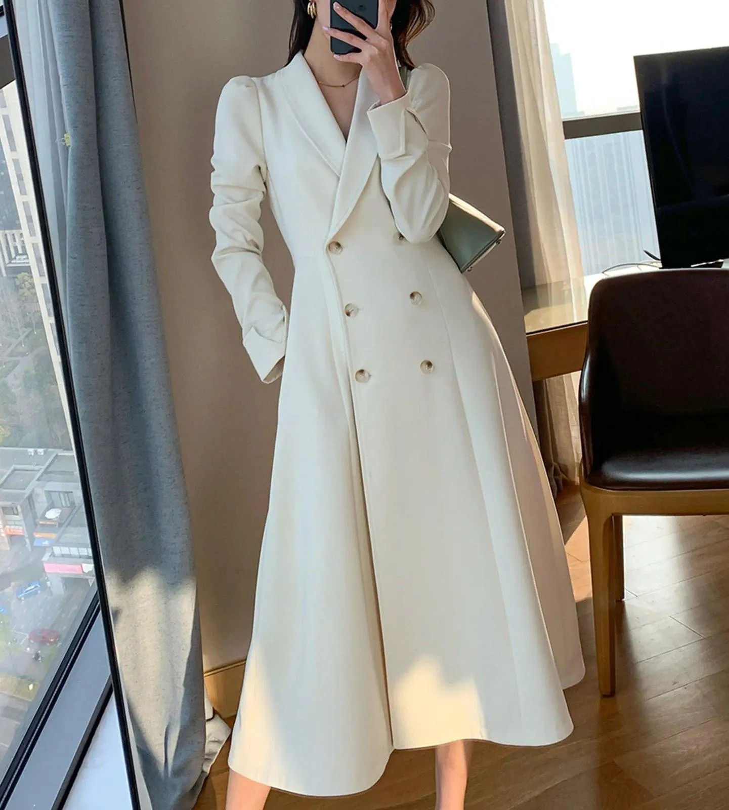 Ivory Double Breasted Blazer Dress Trench Coat