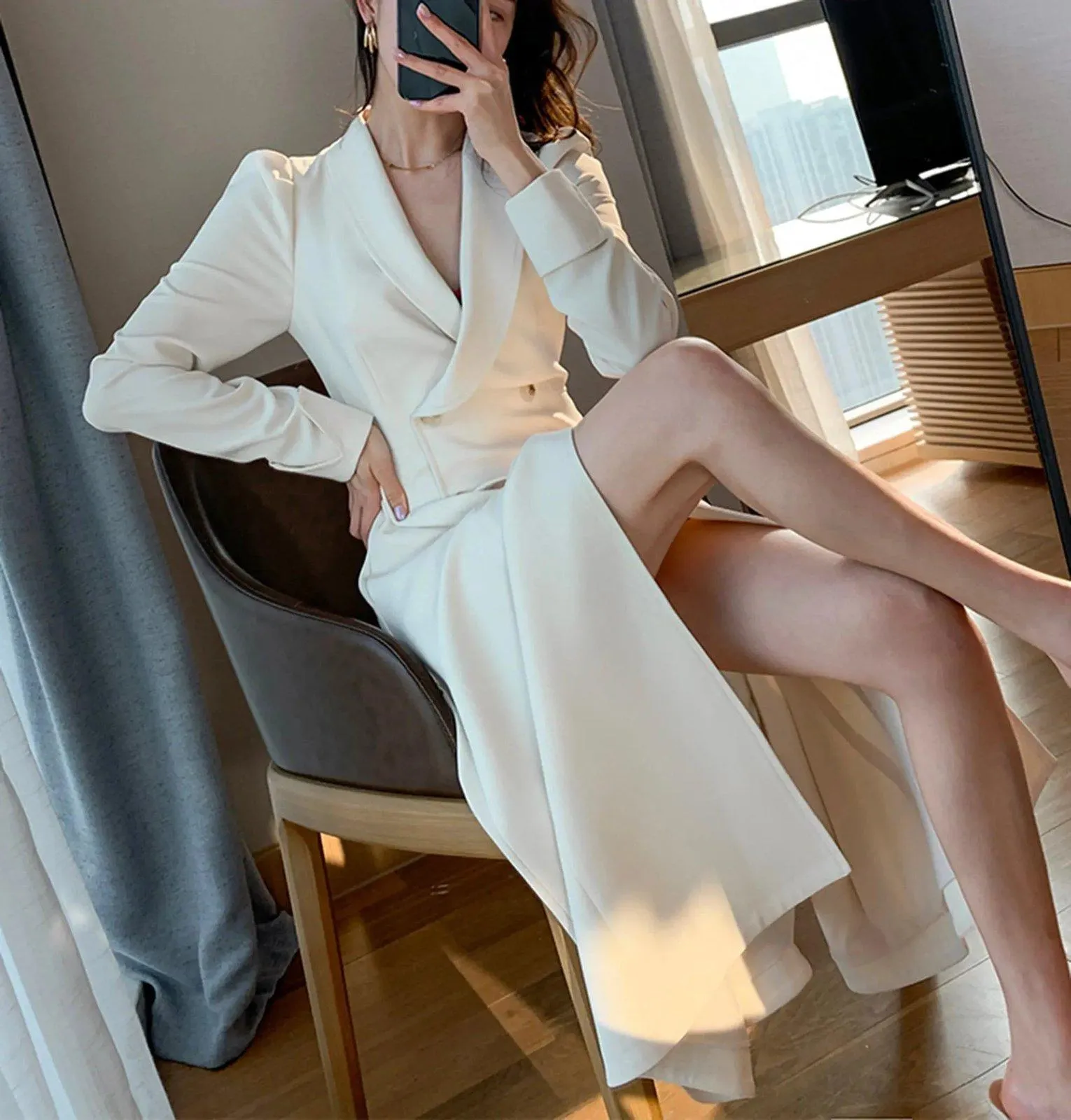 Ivory Double Breasted Blazer Dress Trench Coat