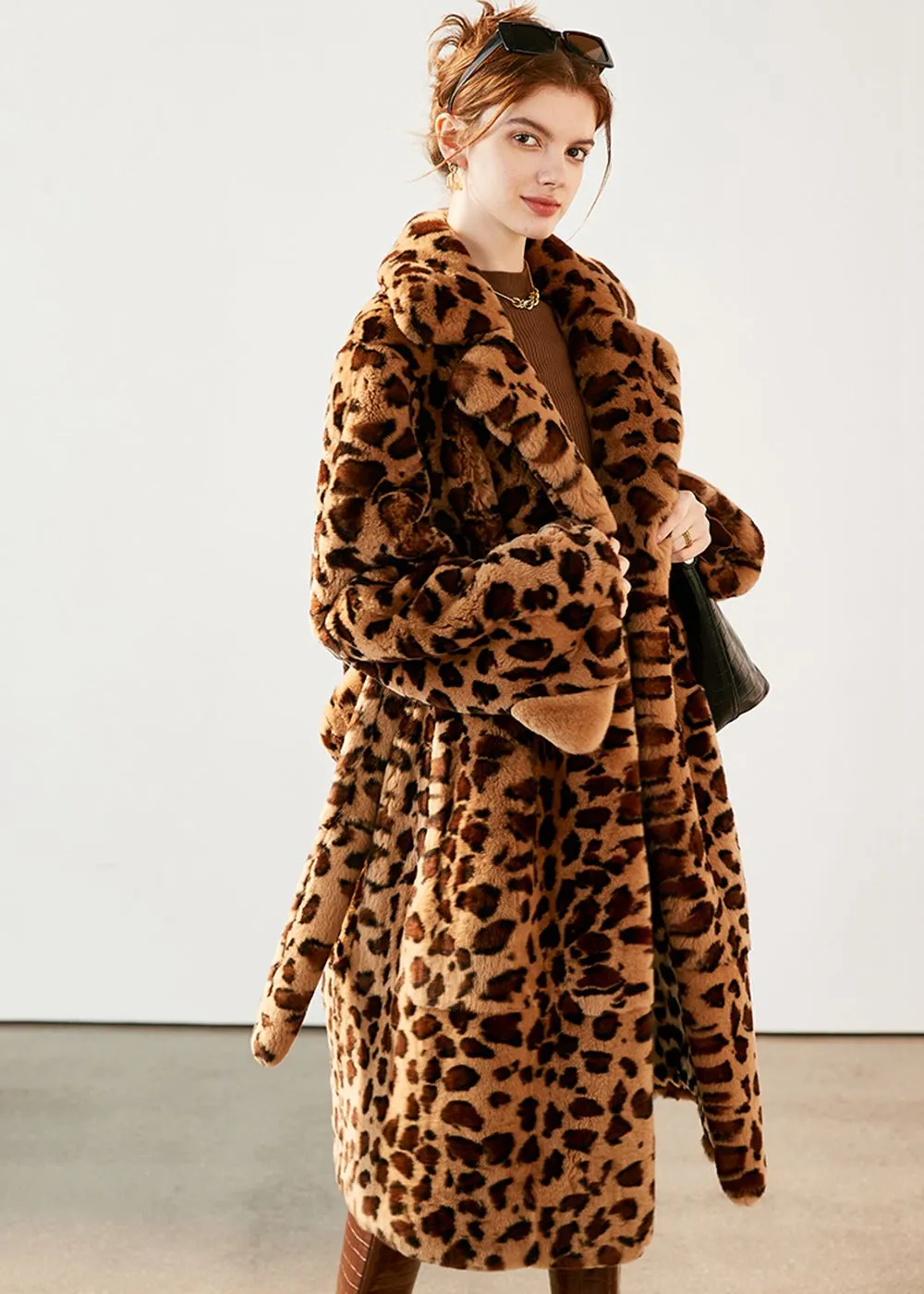 Leopard Belted Rex Rabbit Fur Coat