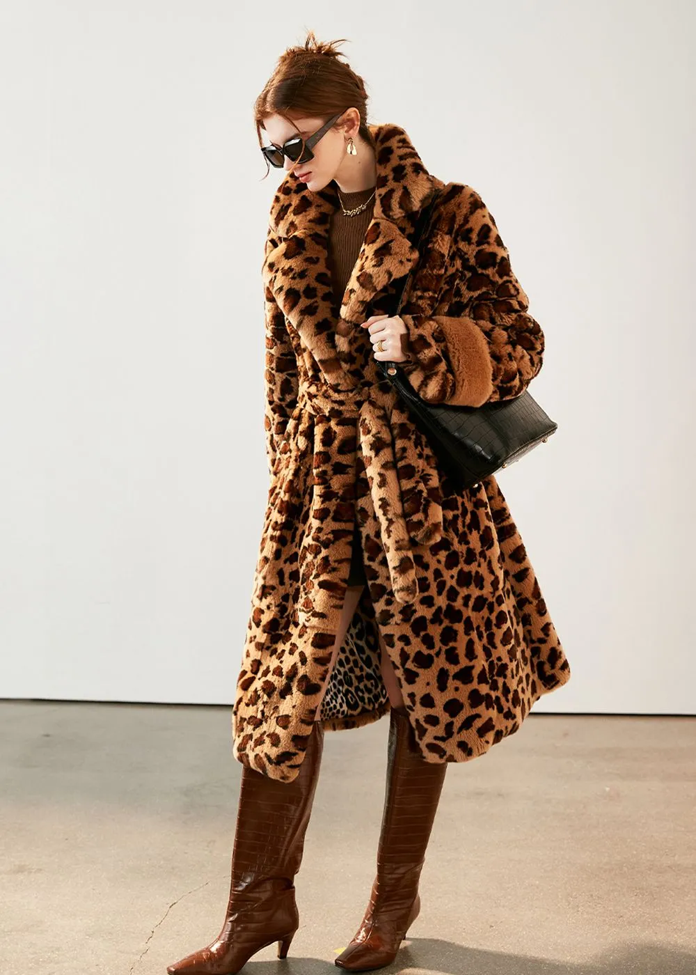 Leopard Belted Rex Rabbit Fur Coat