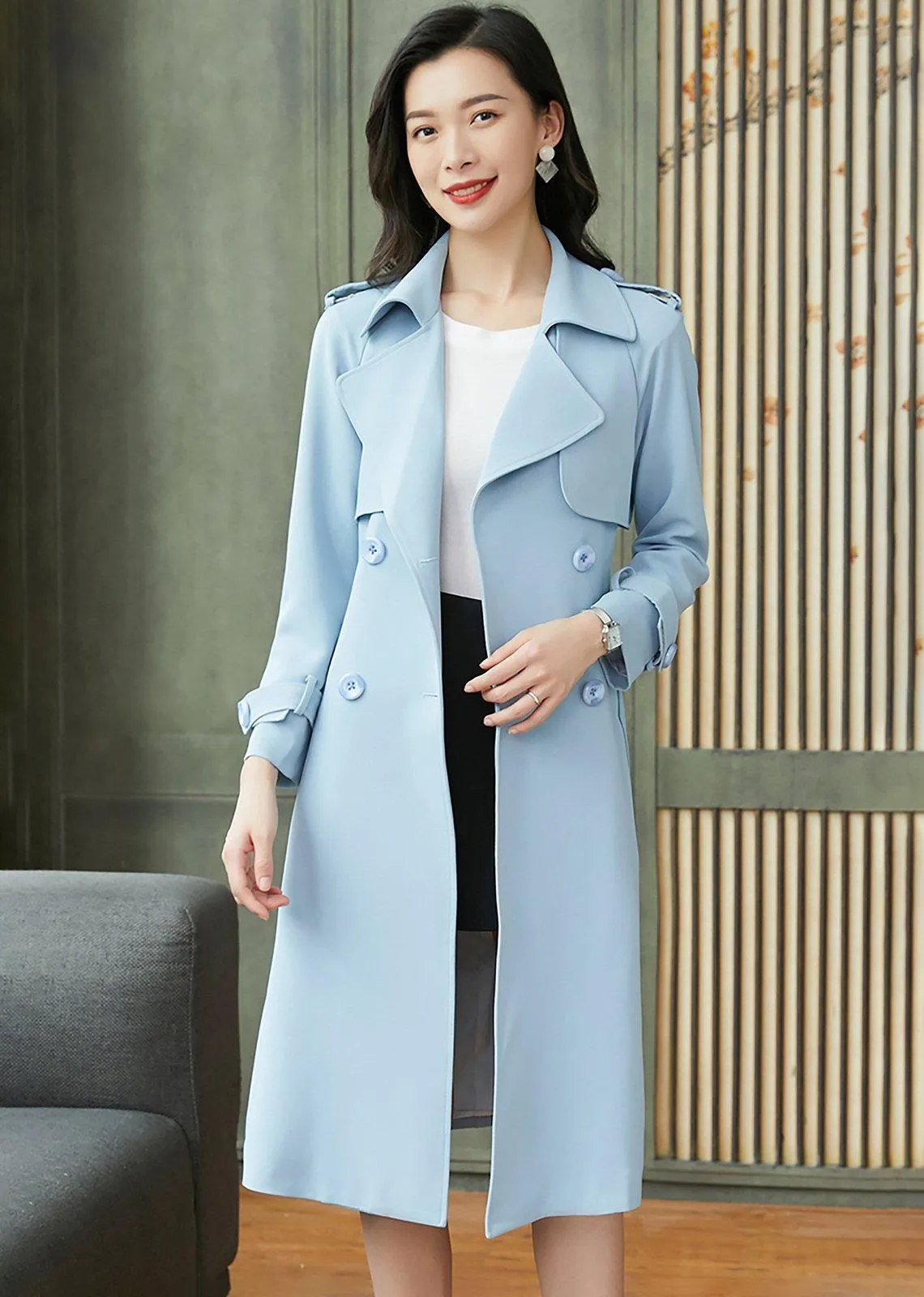 Light Blue Epaulet Double Breasted Trench Coat