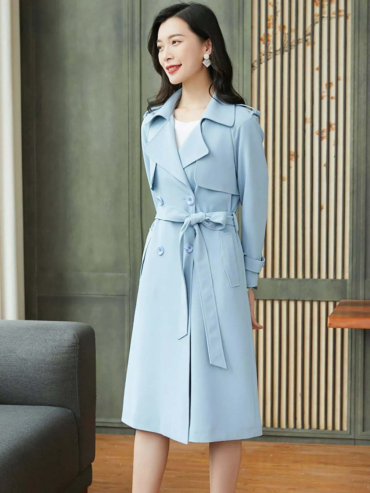 Light Blue Epaulet Double Breasted Trench Coat